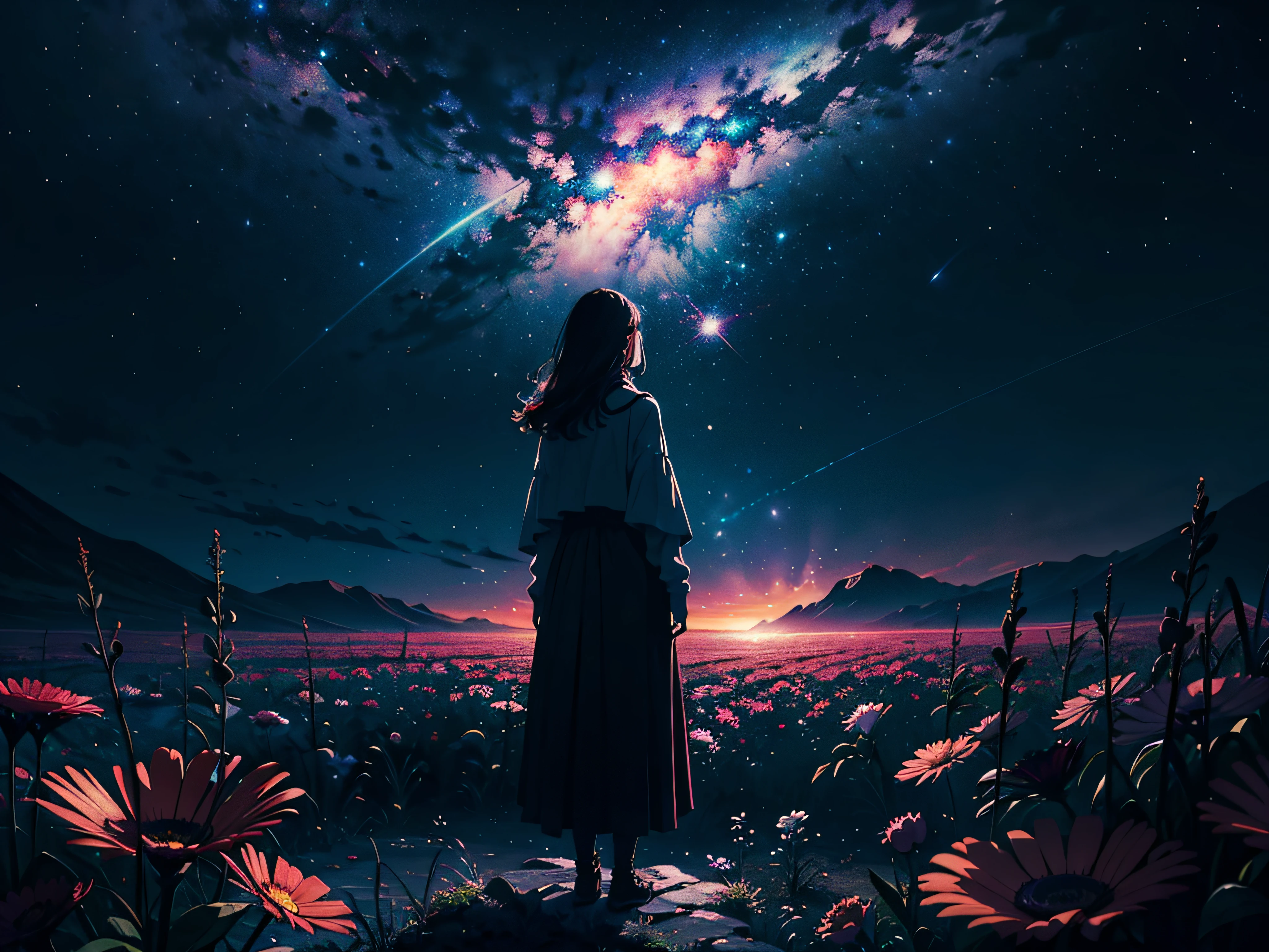 4k Landscape, beautiful stars at background, looks like a dream, sky looking extremely beautiful, ultra resolution, perfect lighting, Dark space, space photo, extremely beautiful, fantasy world, girl standing on flowers, looking at the sky, dark vibes, perfect color grading, a planet at the sky