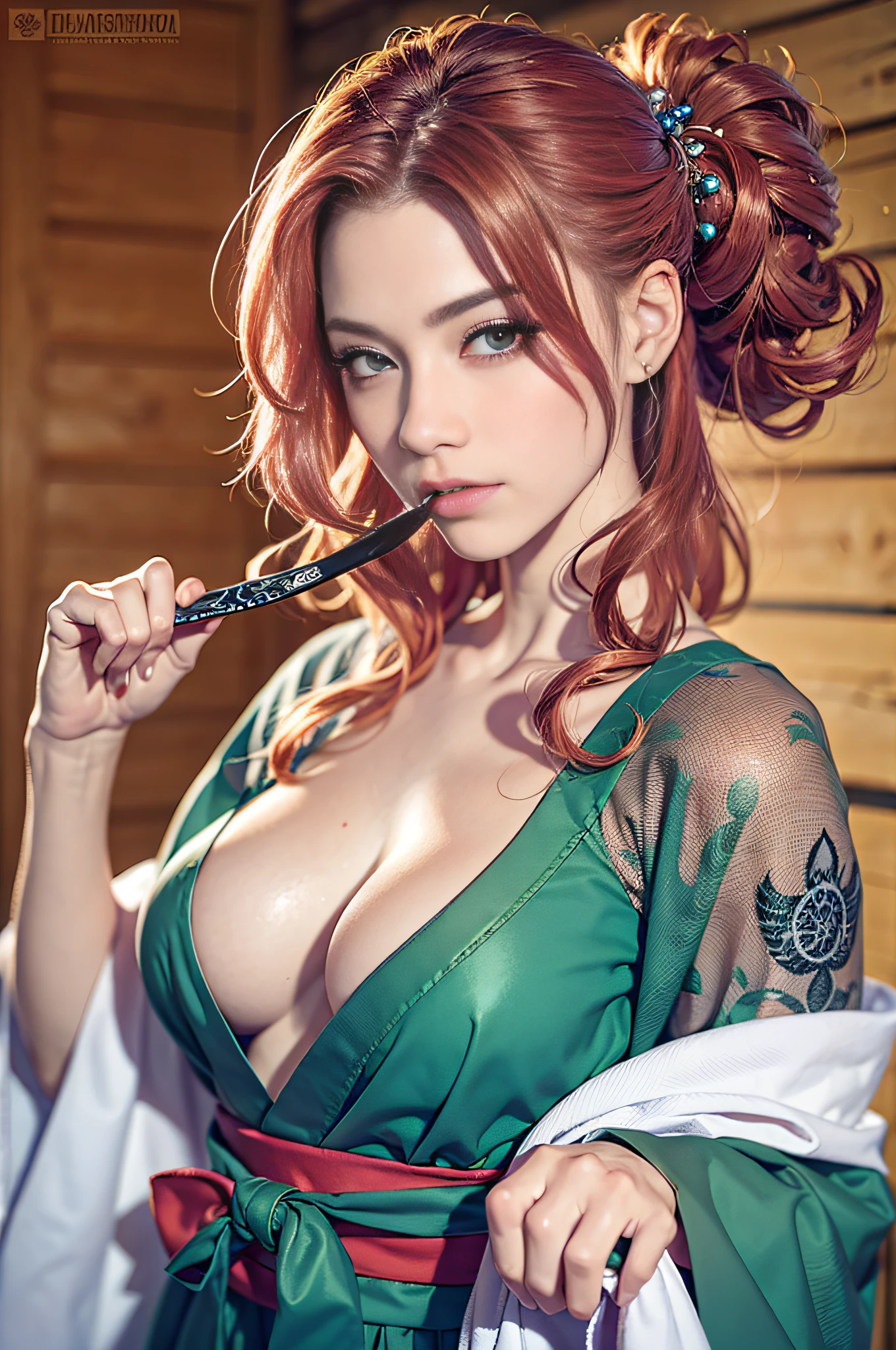 absurdres, foto RAW, mais alta qualidade, (obra-prima: 1.3), foto de cor RAW de alto detalhe, foto profissional, unidade de papel de parede CG 8k extremamente detalhada, foto-realista, realista, foto RAW, obra-prima, melhor qualidade, highres, illustration, 1girl, , baixinha, tiny girl, magra, branca, ruiva, cabelo vermelho, cabelo ruivo com cachos, cabelo ondulado, curly hair, Average length, cabelo preso, pernas finas, rosto lindo perfeito com sardas, cardune lips, belos olhos realistas, olho direito verde, olho esquerdo azul, heterocromia, pale skin, textura de pele detalhada, seios planos, seios muito pequenos e naturais, bunda pequena. Rosas vermelhas tatuadas nos ombros, tattoos of pagan symbols on the forearms and hands. Corpo magro, esguio. Ruiva. Sorriso. Suada. Fazendo sexo oral. sucking a nipple. De quatro na cama. Estilo bruxa. Pagan style, Celtic, wiccan. Escocesa. She looks amazing. (kimono samurai, hakama preto, colar com pingente de pentagrama, design detalhado), House in feudal Japan style, noite.