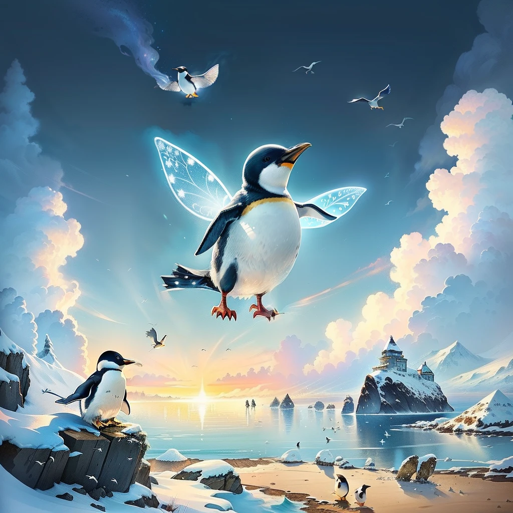 fairy tale illustration, The little penguin really wants to fly, but it can't, jumps and tries to take off, observes other birds