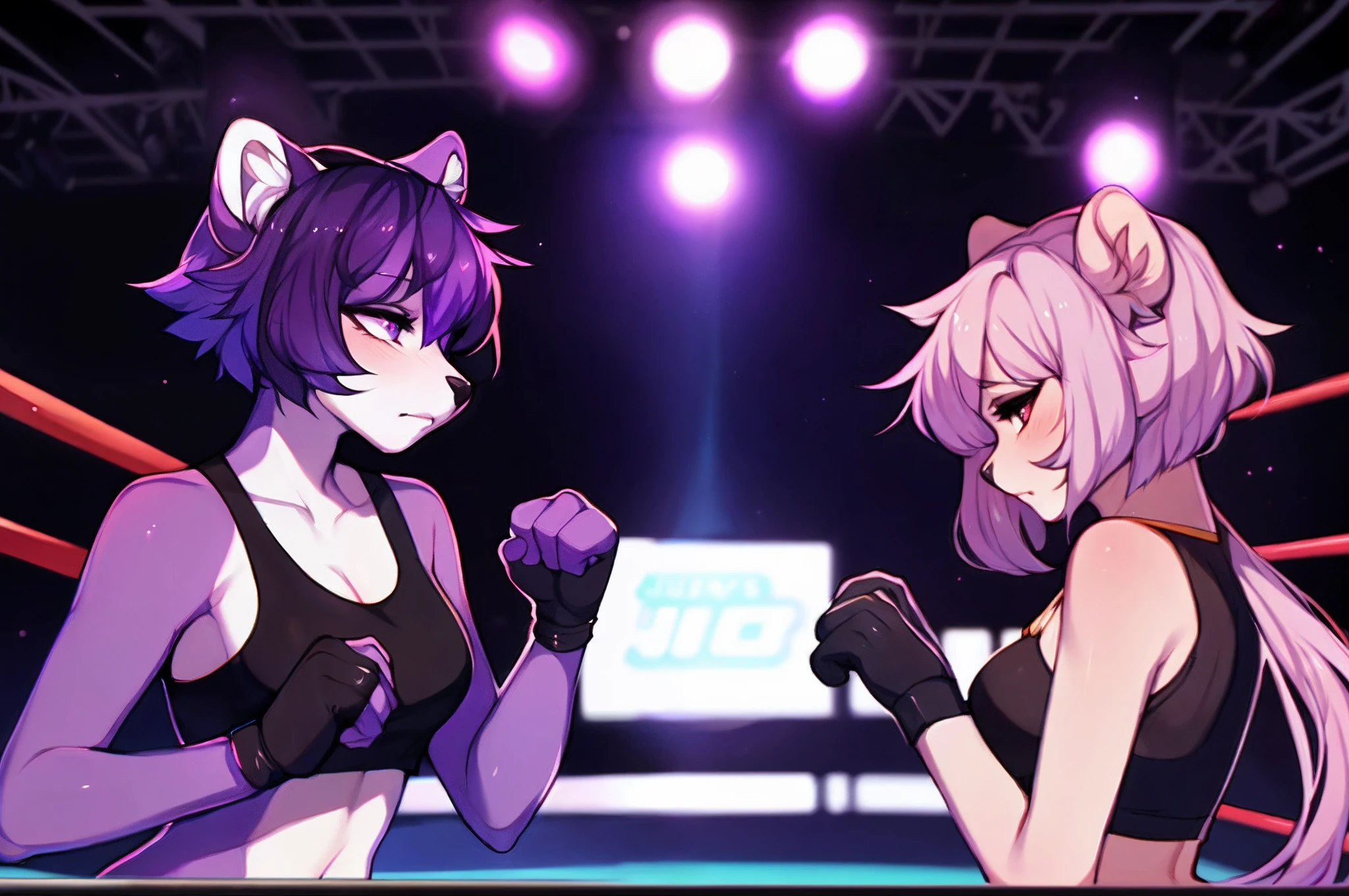 (By hyattlen, by fumiko, by claweddrip:1.2), solo, one girl, a purple anthro furry skunk girl, female, feminine body, (purple_body, light_purple_chest):1.1, black nose, (cute snout:1.1), purple skunk tail, dark purple hair, highly detailed, serious_face:1.1, wearing black tank top, black ufc gloves, exposed fingers, black shorts, in a ufc ring, audience, serious face, exposed fingers, keep same position as original character, clenched fists, high resolution