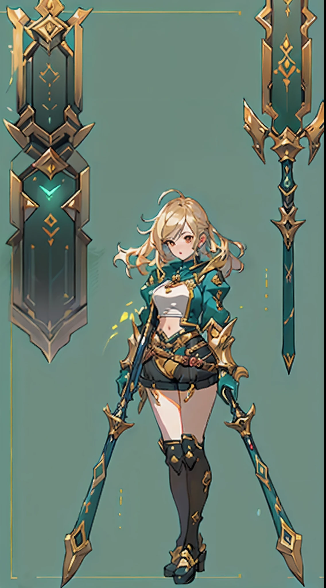 Design a layout showcase Gaming character, (1girl). Golden+Purle clothes, stylish and unique, ((showcase weapon:1.4)), magic staff, (masterpiece:1.2), (best quality), 4k, ultra-detailed, (Step by step design, layout art:1.5), (luminous lighting, atmospheric lighting), Final Fantasy style, magican, ((glove full hands)), fran, viera, (((revealing clothes:1.3))), vambraces, armored legwear, (((full_body_shot:1.4))), Niji