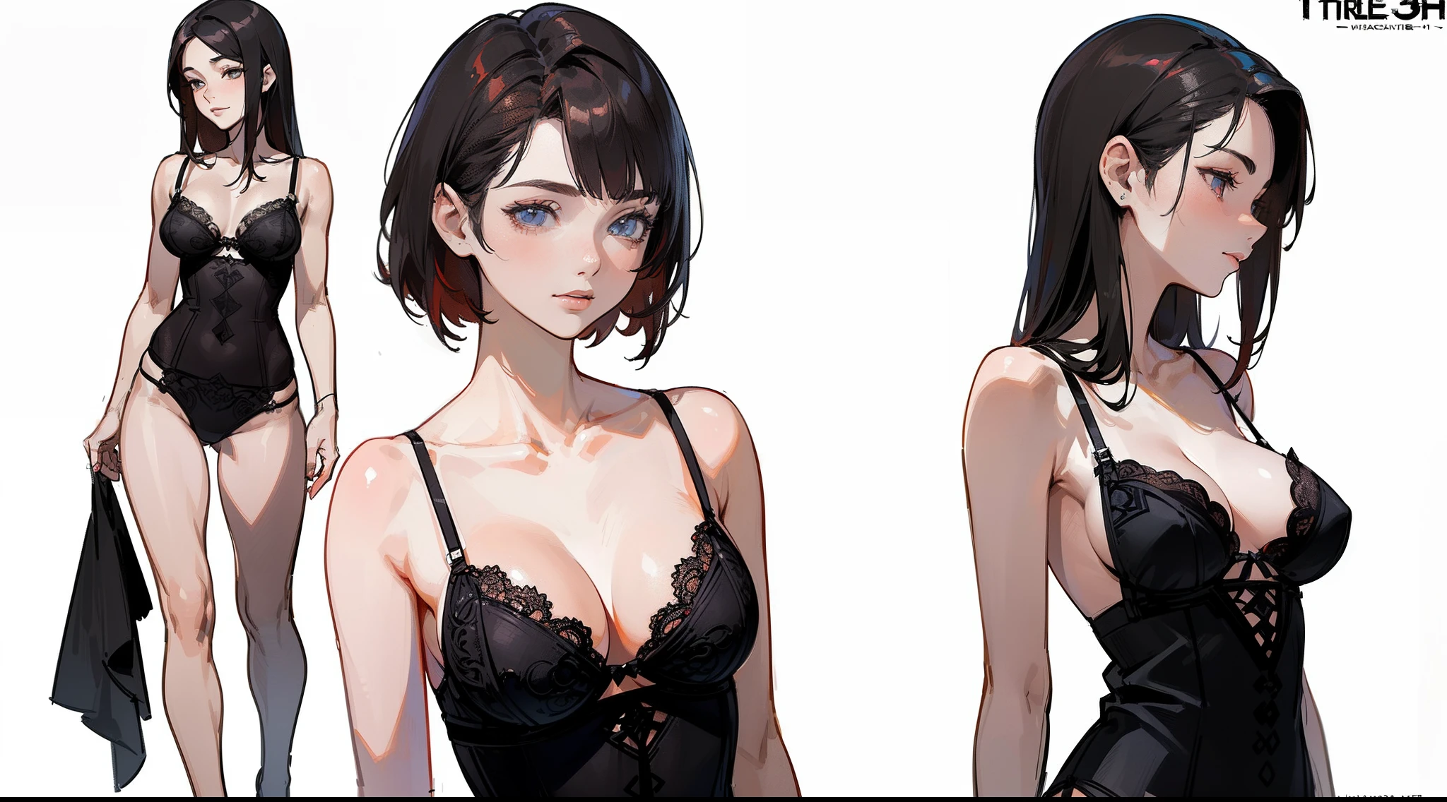((Best Quality)), ((Masterpiece)), ((Realistic)) 19 year old, redhead girl, shoulder length hair, relaxed happy face ((slender)) (busty), ((( black lingerie ))) ((sexy )) textured pixie haircut (((detailed character sheet, frontal view, side view, three quarter view))) (((white background))) 6 and a half heads full body