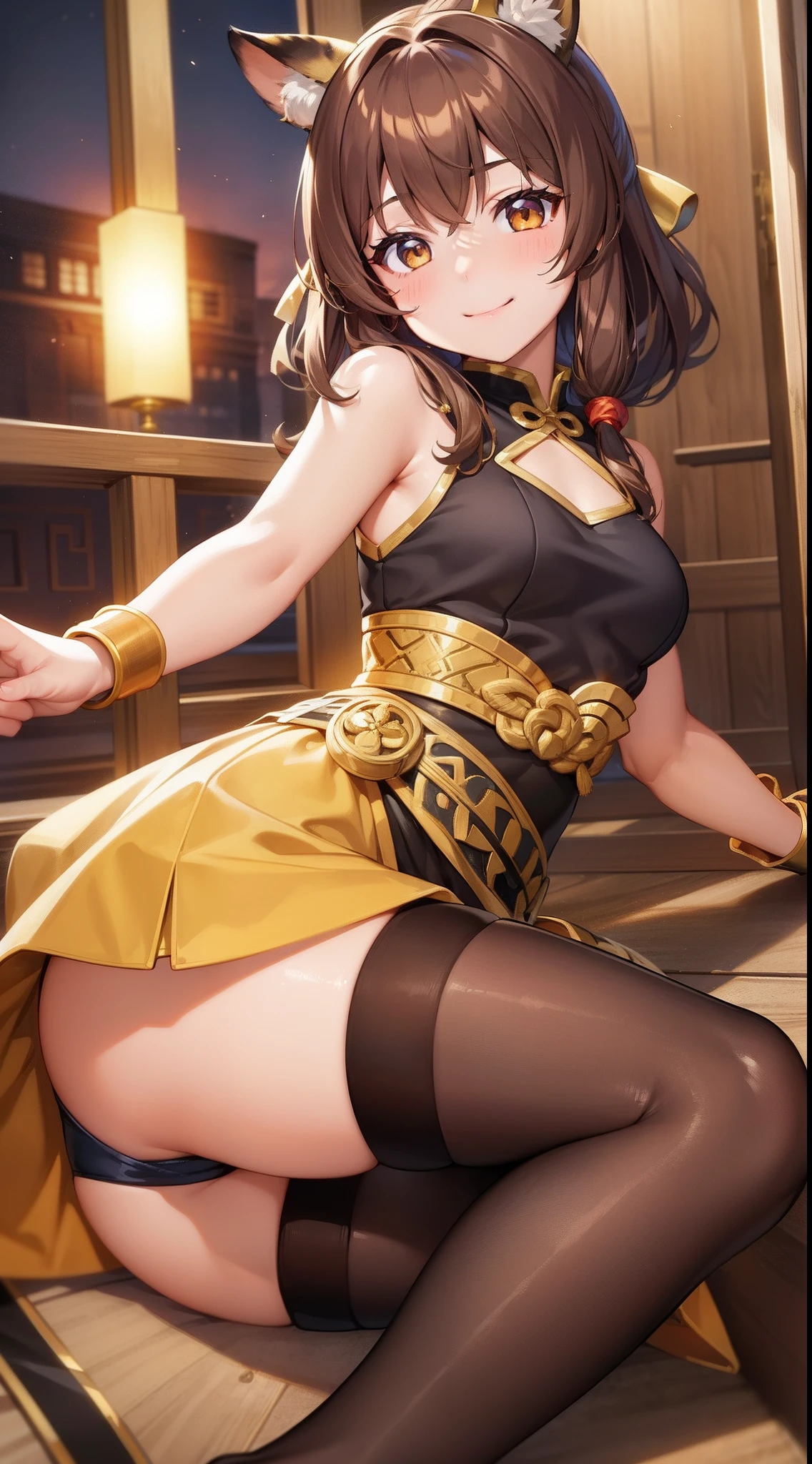 young girl, Brown hair, Two buns, golden eyes, Tiger ears, Chinese yellow blue dress, Shorts, Ironbound Bracers, Winks, Smile, Masterpiece, hiquality