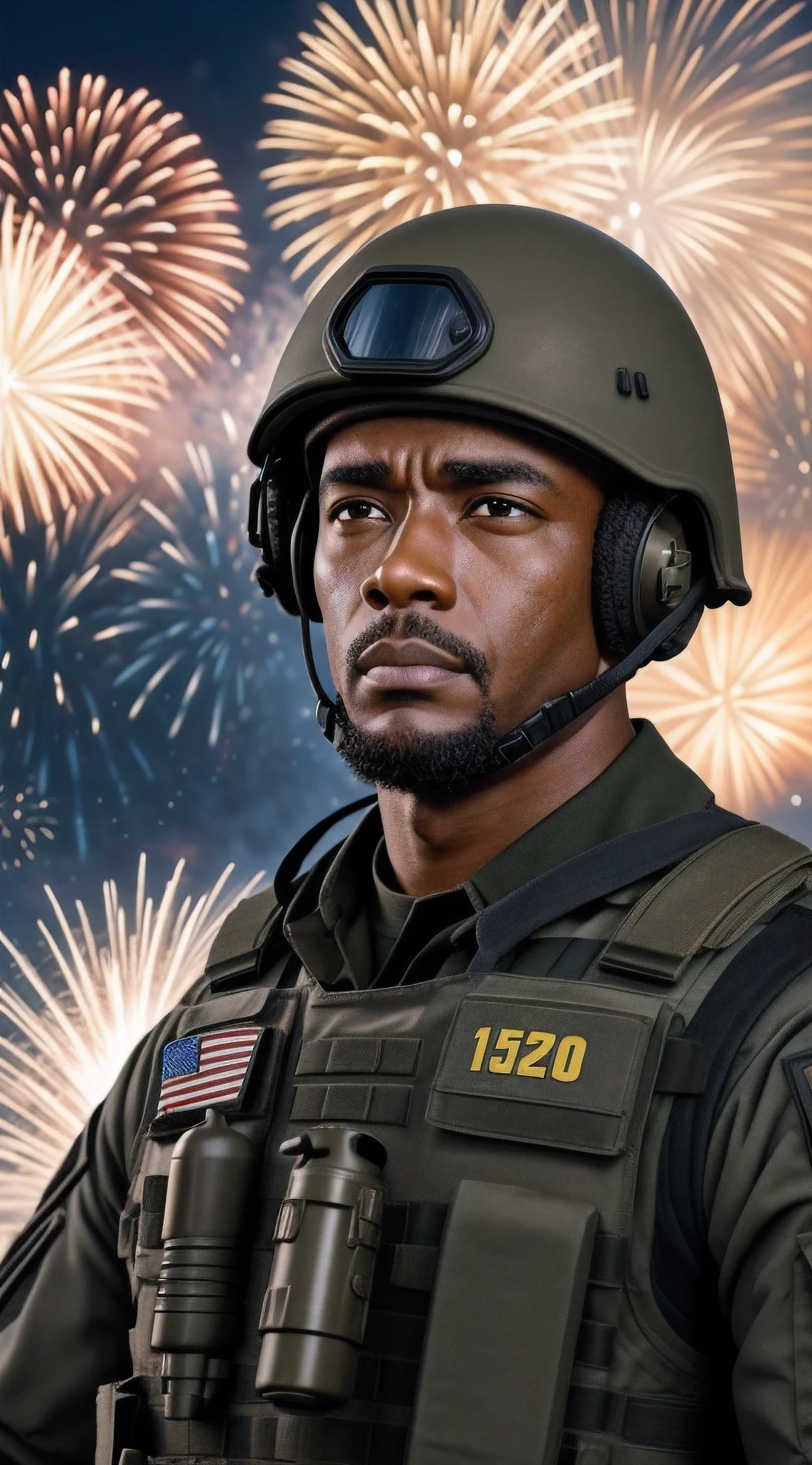 Um homem, com farda de fuzileiro do exercito americano, fotorealista, autoretrato realista, imagem real, pele humana realista, em um ambiente hostil de guerra, Combat scenario, bombas explodindo ao fundo, Explosions of fireworks.