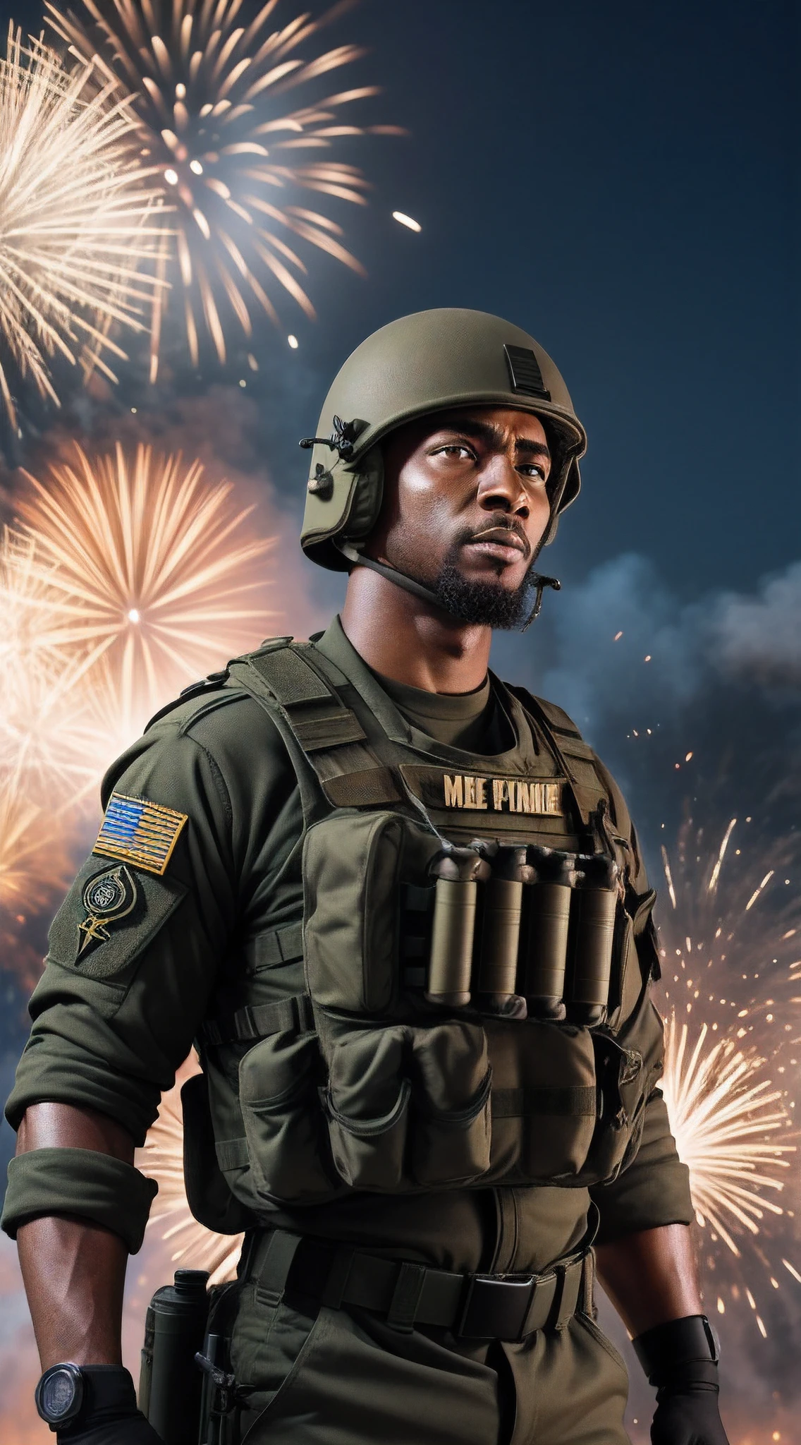 Um homem, com farda de fuzileiro do exercito americano, fotorealista, autoretrato realista, imagem real, pele humana realista, em um ambiente hostil de guerra, Combat scenario, bombas explodindo ao fundo, Explosions of fireworks.