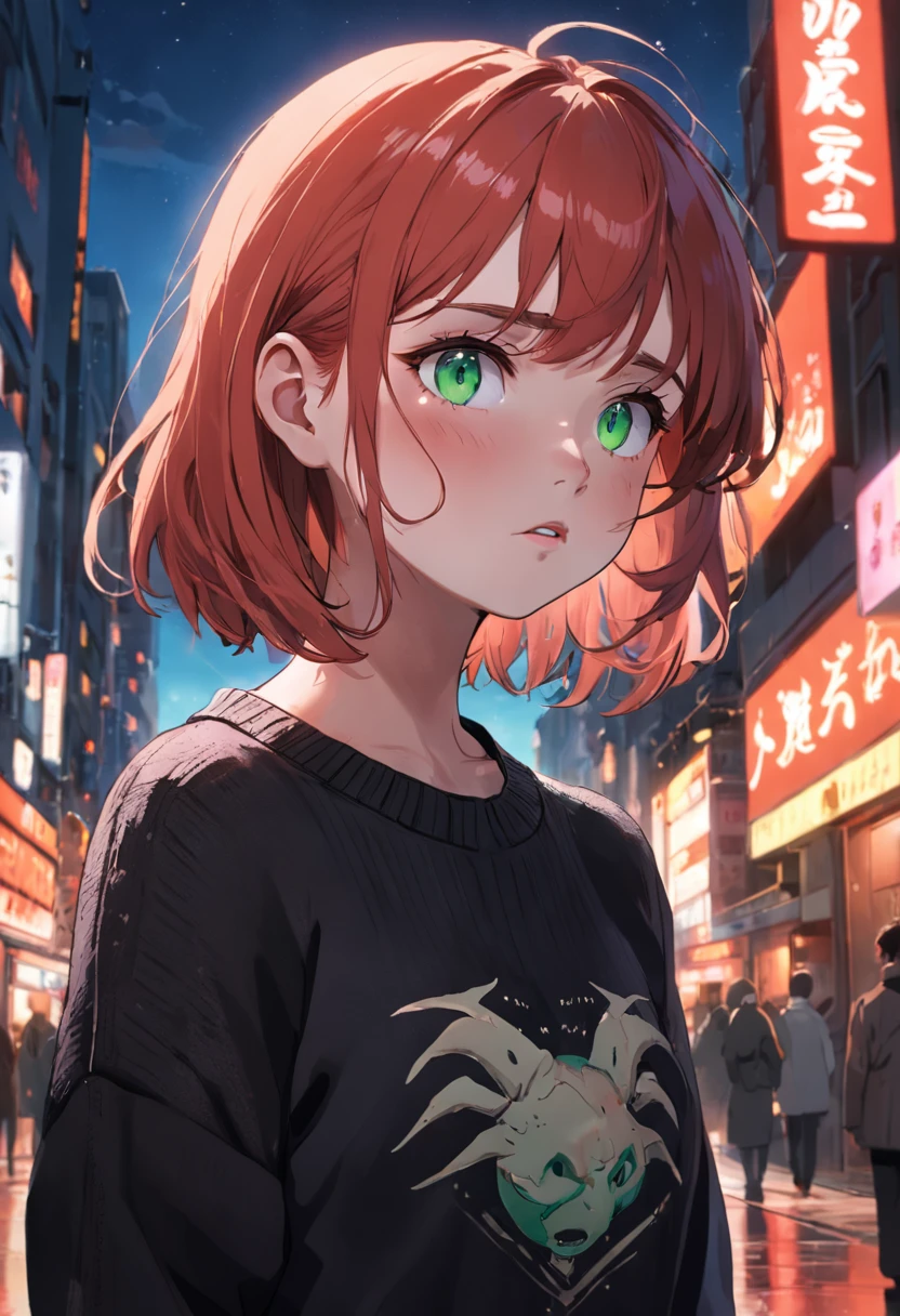 Top quality, (bright lighting), masterpiece, big angle shot, RAW photo, (pale 17-year-old Irishwoman, looking away), cute, sweating visibly, sweaty brow, blush, rosy cheeks, worried, distraught, long-sleeve black sweater and skirt, backpack, looks away，are standing，green-eyed，embarrassed，red in the face，stern look of concentration on her face，the street, (with natural red matted hair), full body, perfect face, captivating eyes, bright details, pouting lips, (high skin detail), freckles, small breasts, braless, (blue tint: 0.6), Key lighting, (backlight: 0.5), medium depth of field, Canon 5D, 50mm lens, f/4 aperture, (ultra-detailed, complex detail), sharp focus, soft colors, 8k, absurd, 8mm film grain