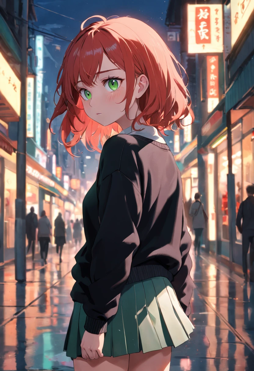 Top quality, (bright lighting), masterpiece, big angle shot, RAW photo, (pale 17-year-old Irishwoman, looking away), cute, sweating visibly, sweaty brow, blush, rosy cheeks, worried, distraught, long-sleeve black sweater and skirt, backpack, looks away,are standing,green-eyed,embarrassed,red in the face,stern look of concentration on her face,the street, (with natural red matted hair), full body, perfect face, captivating eyes, bright details, pouting lips, (high skin detail), freckles, small breasts, braless, (blue tint: 0.6), Key lighting, (backlight: 0.5), medium depth of field, Canon 5D, 50mm lens, f/4 aperture, (ultra-detailed, complex detail), sharp focus, soft colors, 8k, absurd, 8mm film grain