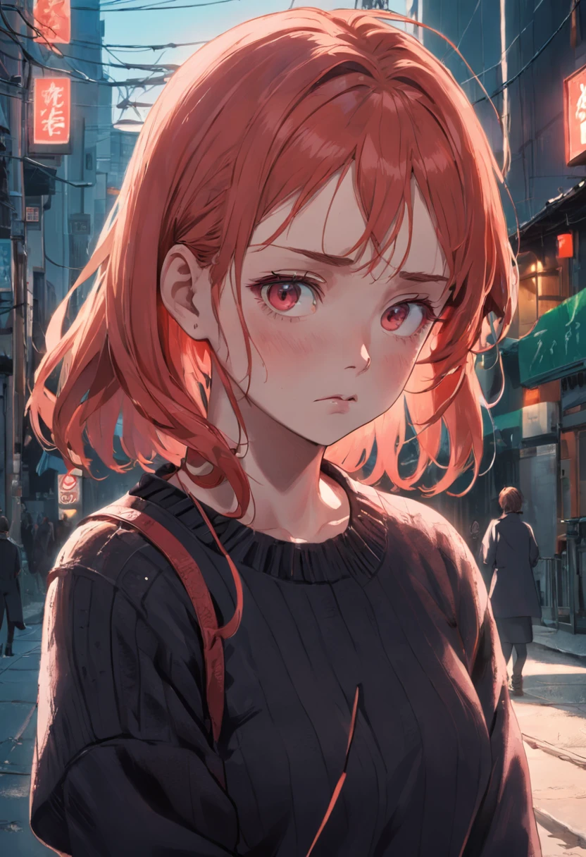Top quality, (bright lighting), masterpiece, big angle shot, RAW photo, (pale 17-year-old Irishwoman, looking away), cute, sweating visibly, sweaty brow, blush, rosy cheeks, worried, distraught, long-sleeve black sweater and skirt, backpack, looks away，are standing，green-eyed，embarrassed，red in the face，stern look of concentration on her face，the street, (with natural red matted hair), full body, perfect face, captivating eyes, bright details, pouting lips, (high skin detail), freckles, small breasts, braless, (blue tint: 0.6), Key lighting, (backlight: 0.5), medium depth of field, Canon 5D, 50mm lens, f/4 aperture, (ultra-detailed, complex detail), sharp focus, soft colors, 8k, absurd, 8mm film grain