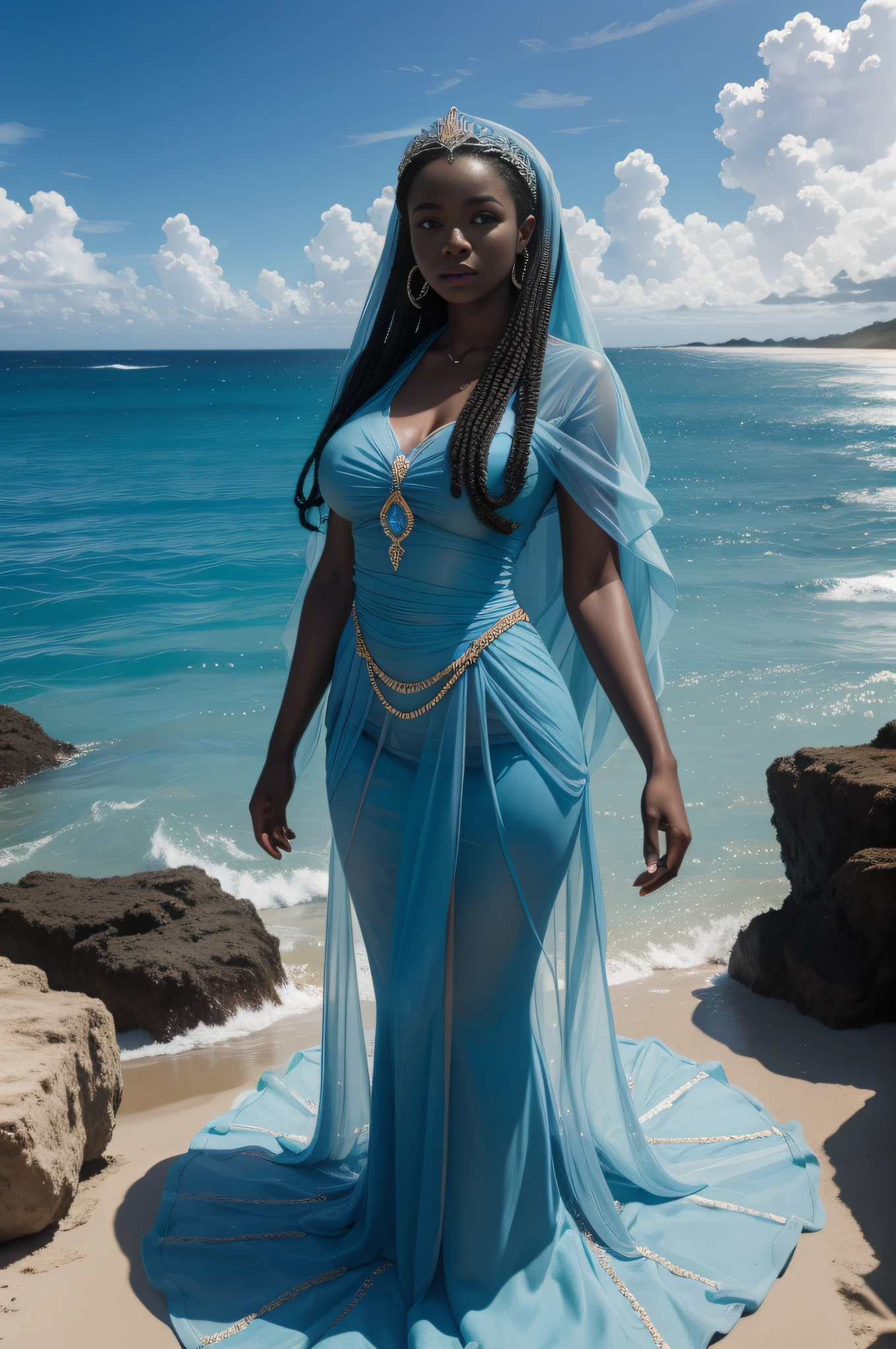 Obra prima , alto realismo , Camera raw , Yemanja , rainha do mar , entidade africana , deusa ,vestido longo azul claro e transparente , bonita , no mar , 4k