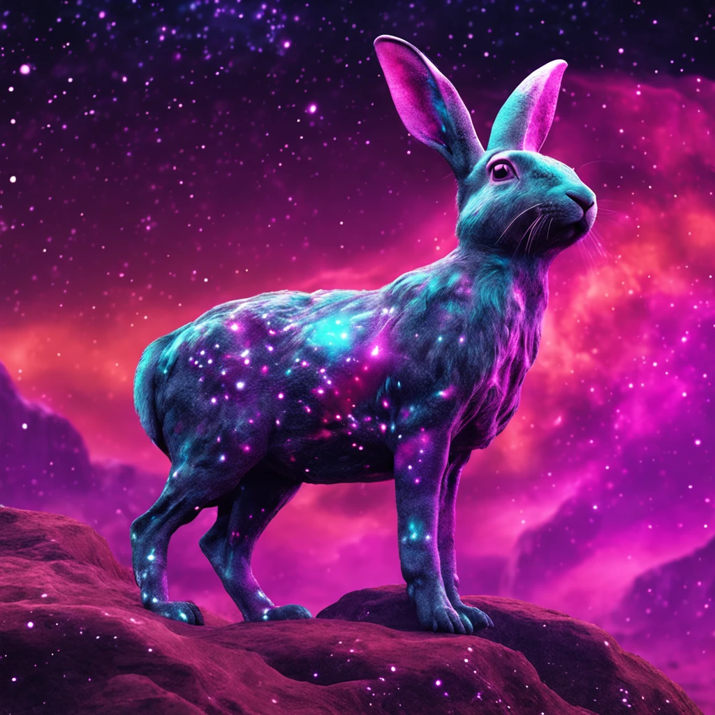 Rabbit with black and purple fur and magenta antlers, staring up at a impossible sky full of nebulas stars and amazing colors, best quality, masterpiece, in cartoon style