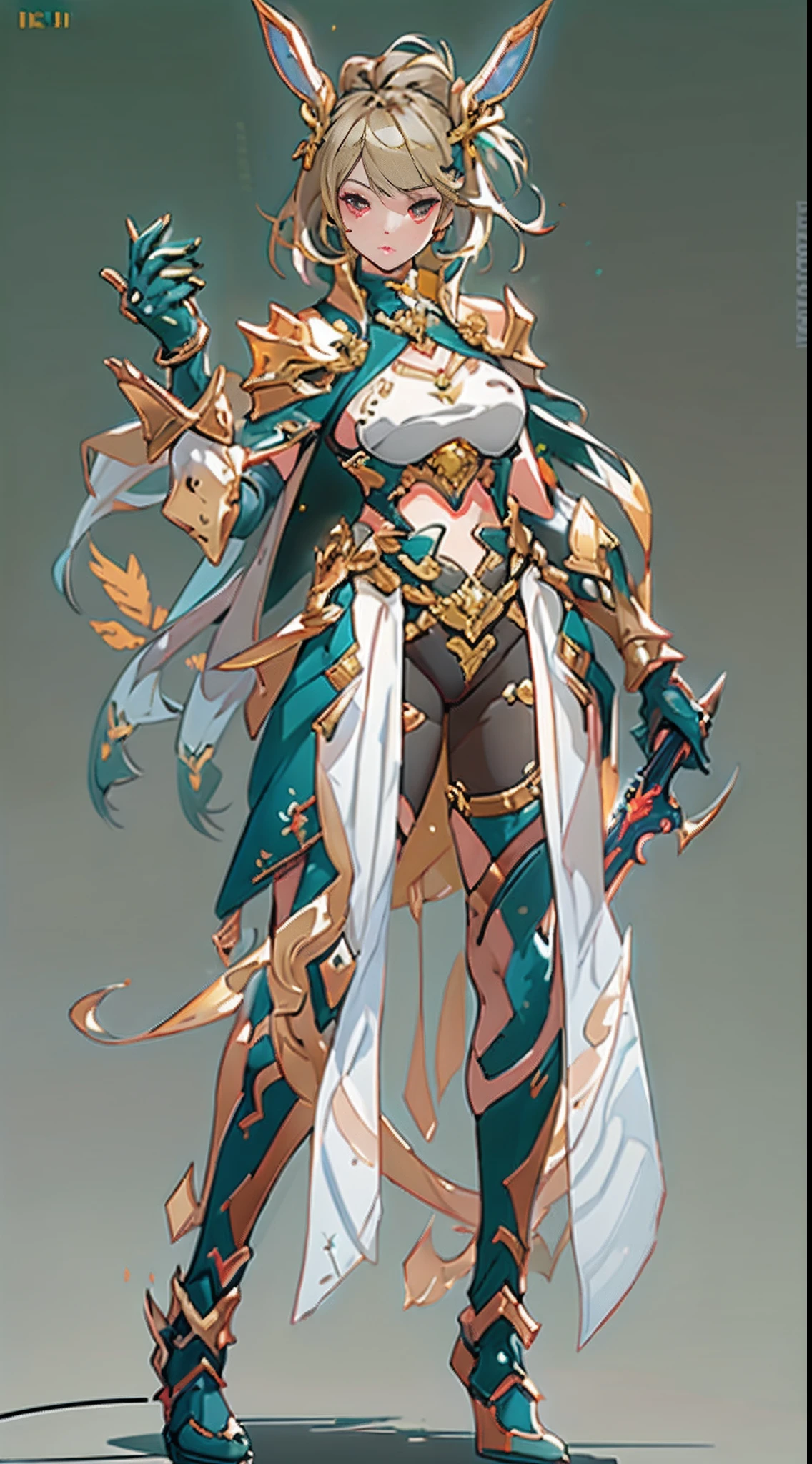 Design a layout showcase Gaming character, (1girl). Golden+Purle clothes, stylish and unique, ((showcase weapon:1.4)), magic staff, (masterpiece:1.2), (best quality), 4k, ultra-detailed, (Step by step design, layout art:1.5), (luminous lighting, atmospheric lighting), Final Fantasy style, magican, ((glove full hands)), fran, viera, (((revealing clothes:1.3))), vambraces, armored legwear, (((full_body_shot:1.4))), Niji