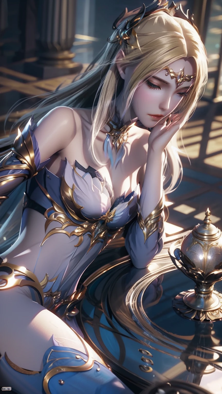 The Arad woman in the dress sits at the table, closeup fantasy with water magic, 2. 5 D CGI anime fantasy artwork, Anime fantasy illustration, Detailed digital anime art, beautiful fantasy anime, Smooth anime CG art, Anime fantasy artwork, 8K high quality detailed art, Realistic anime 3 D style, ultra detailed water, beautiful and seductive anime woman