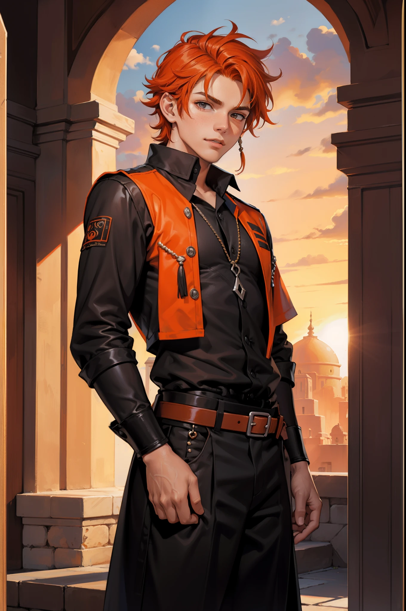 un chico de cabello naranja esta desmayado en unas ruinas de sumeria, He is 15 years old wears black and orange