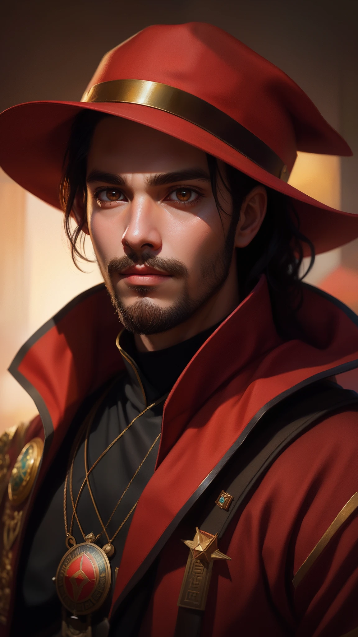 There is a man with a red and black face and a red hat, retrato de arte conceito de fantasia, Chengwei Pan em ArtStation, RossDraw Retrato, Wojtek FUS, RPG retrato arte conceitual, retrato da arte do conceito do personagem, retrato masculino da fantasia, retrato closeup de um mago, wlop e ross tran, Artgerm e Atey Ghailan, Epic portrait illustration