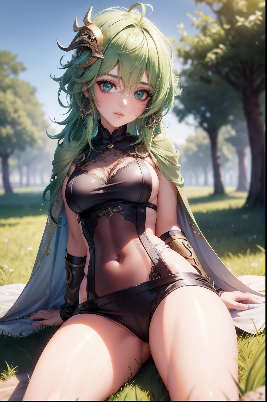 Beautiful attractive woman with green hair and mask with best quality best effects best shadows best lighting 8k ultra HD super realistic