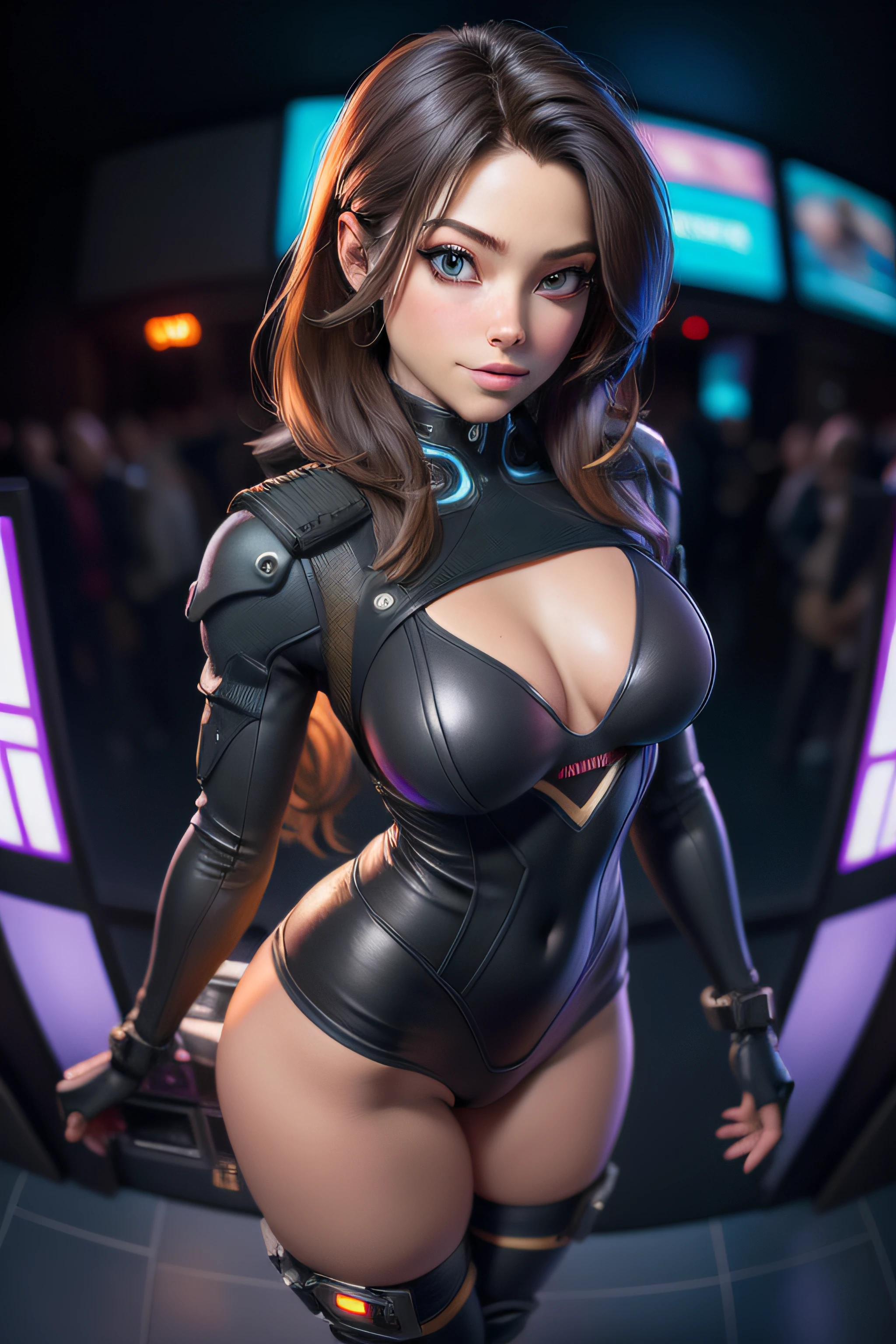 Beautiful girl looking at the camera, ((Photo fisheye)), Perfect detailed face, Cyberpunk blurry background, Tenue ???? futuriste de cybersoldat, ????????? Muscles Detailed Realistic Masterpiece Medium, ???????? durs saillants, ?????, Kristin Kreuk ???? cyborg Lolita,Map seen from above, Des jambes parfaites, Bras parfaits yeux parfaits, ((longs cheveux bruns avec 2 queues de cheval)), Green wide-eyed