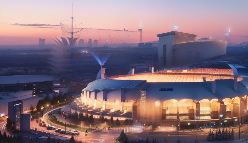((Soccer Stadium)) with six Modern (wind trapper tower) , 2 other building , street , entrance, curve roof