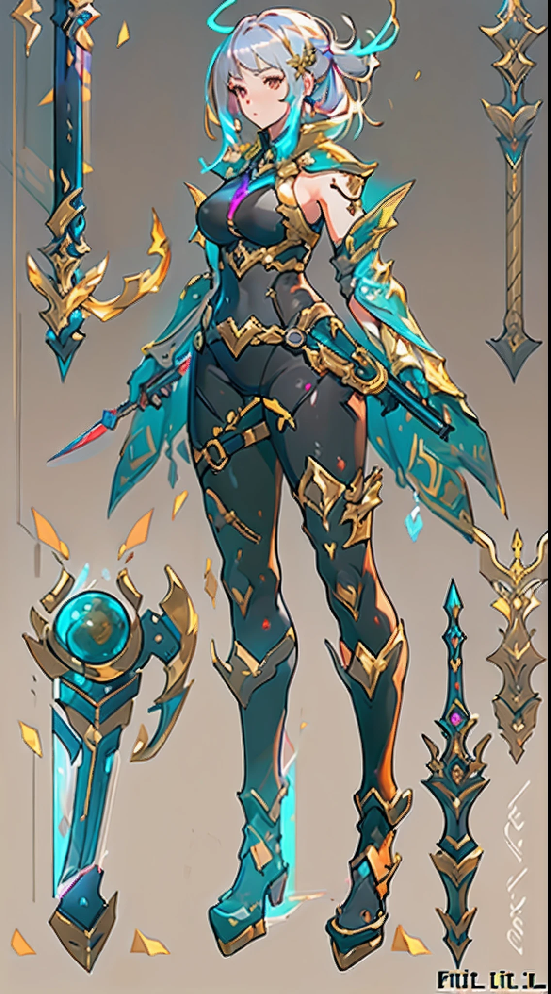 Design a layout showcase Gaming character, (1girl). Golden+Purle clothes, stylish and unique, ((showcase weapon:1.4)), magic staff, (masterpiece:1.2), (best quality), 4k, ultra-detailed, (Step by step design, layout art:1.5), (luminous lighting, atmospheric lighting), Final Fantasy style, magican, ((glove full hands)), fran, viera, (((revealing clothes:1.3))), vambraces, armored legwear, (((full_body_shot:1.4))), Niji