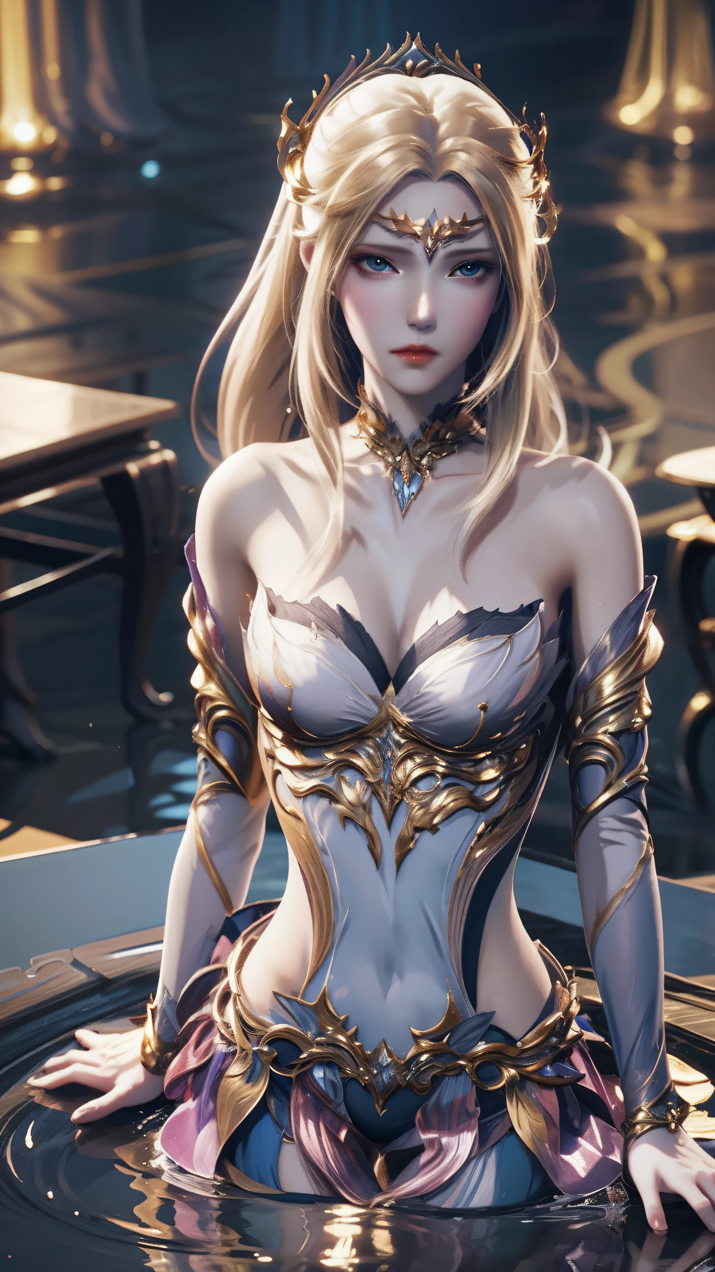 The Arad woman in the dress sits at the table, closeup fantasy with water magic, 2. 5 D CGI anime fantasy artwork, Anime fantasy illustration, Detailed digital anime art, beautiful fantasy anime, Smooth anime CG art, Anime fantasy artwork, 8K high quality detailed art, Realistic anime 3 D style, ultra detailed water, beautiful and seductive anime woman