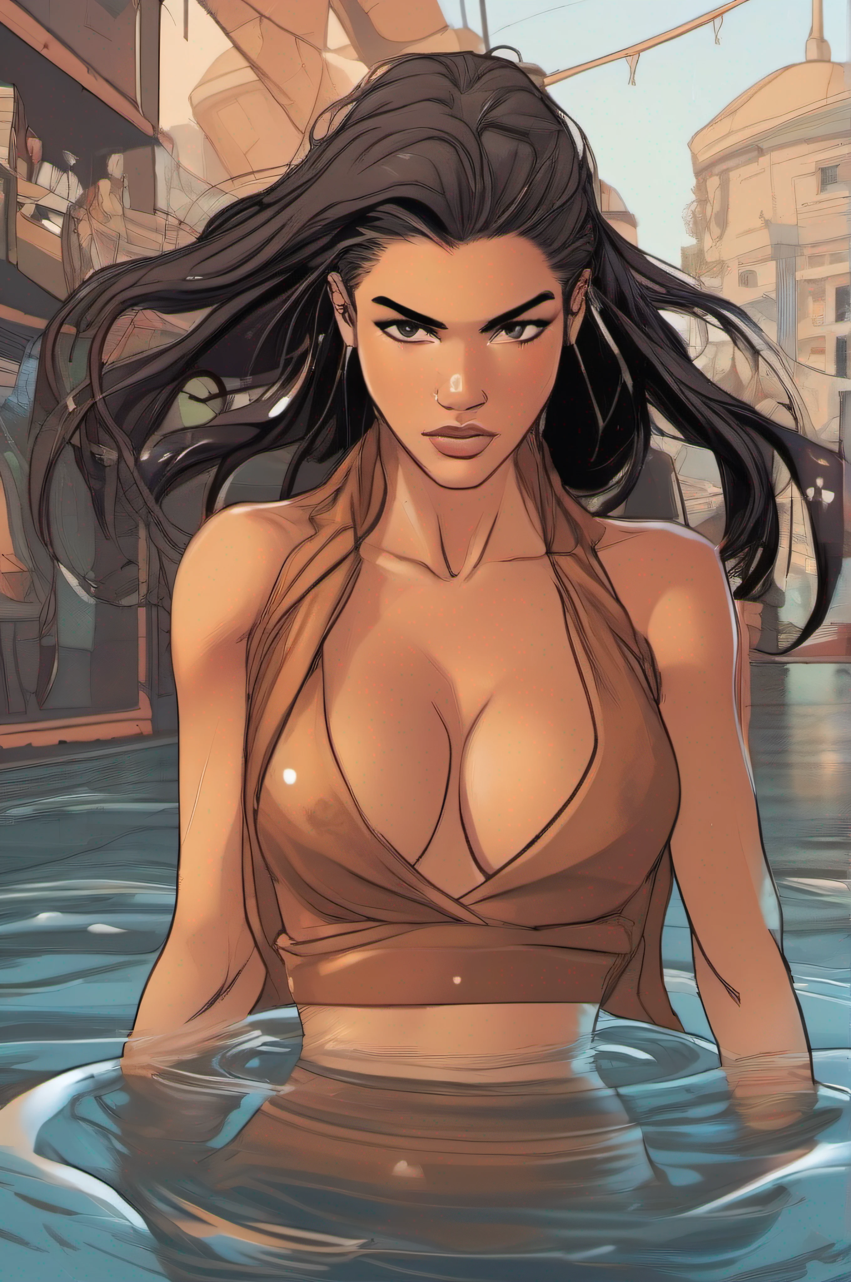 A dark brown-haired photographically tanned and muscular 25-year-old Zendaya wears a short orange Egyptian flapping cloak, with bare shoulders and a gigantic deep neckline, as she runs along the quay of a river flowing through a futuristic Egyptian city with her wet hair and clothes flapping in the rough wind. (massive breasts, dark brown nipples, attractive body :1.4), sit-ups :1.1, ), (wet rainy, wet by rain, wet body :1.2), ((thin waist)), ((nude:1.4)), ultra-detailed face, detailed lips, detailed eyes, double eyelid, visible veins and curves, pool party, pool.