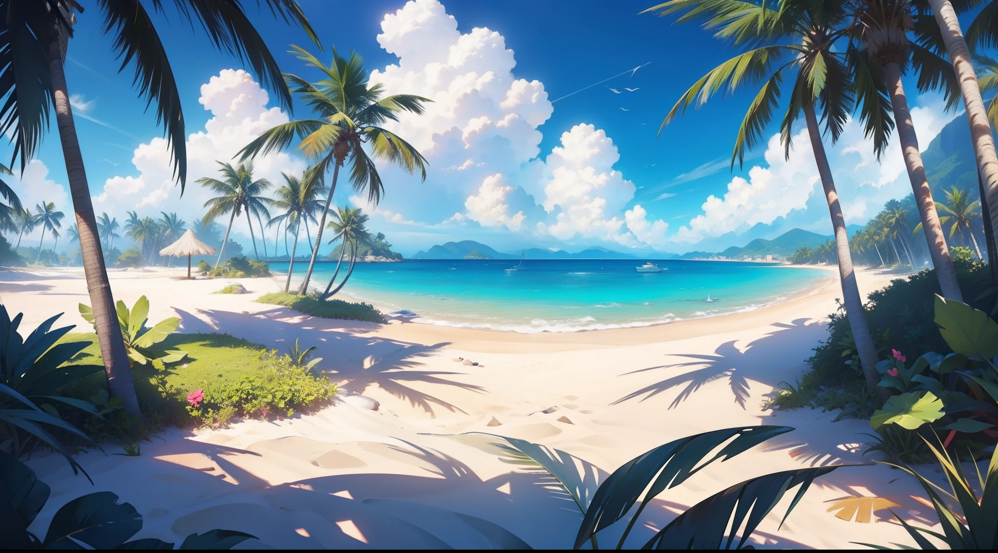 tropical island, beach, palm trees, ocean, beach ball, sand, sky, clouds, sun, sun light, (masterpiece), best quality, 8k, 4k, hd, hires, best quality, masterpiece, ultra-high detailed, hyper-detailed, intricate details, photo-realistic, beautiful details, studio lighting, detailed clothing, highly textured clothing, satin lighting, hyper resolution, insanely detailed,