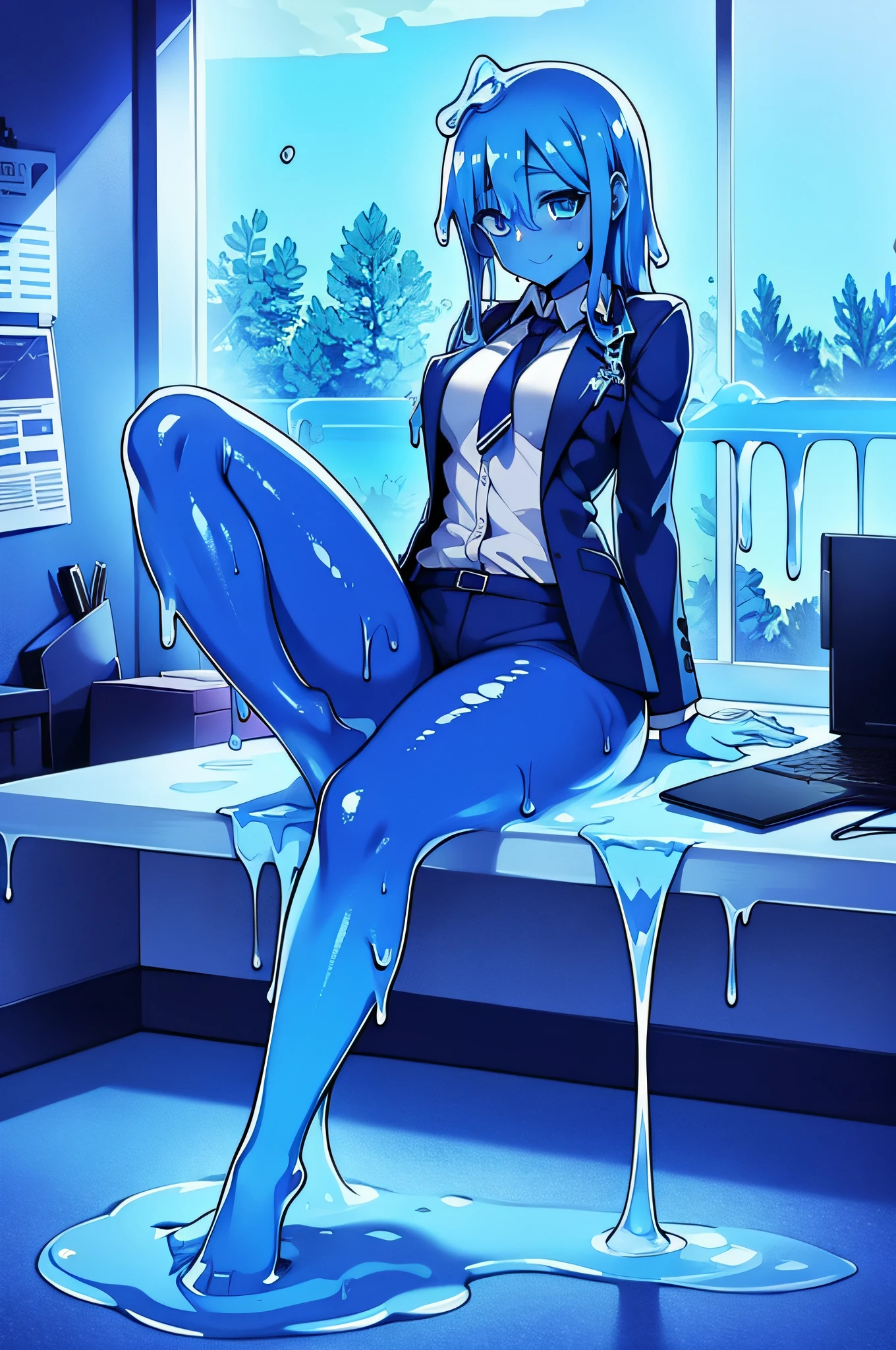 Slime girl, man, {office background}, {{tie, shirt, business suit}}, (melting legs:1.4), {{blue hair, blue skin}}, happy, blue eyes, medium hair, {slime translucent skin},