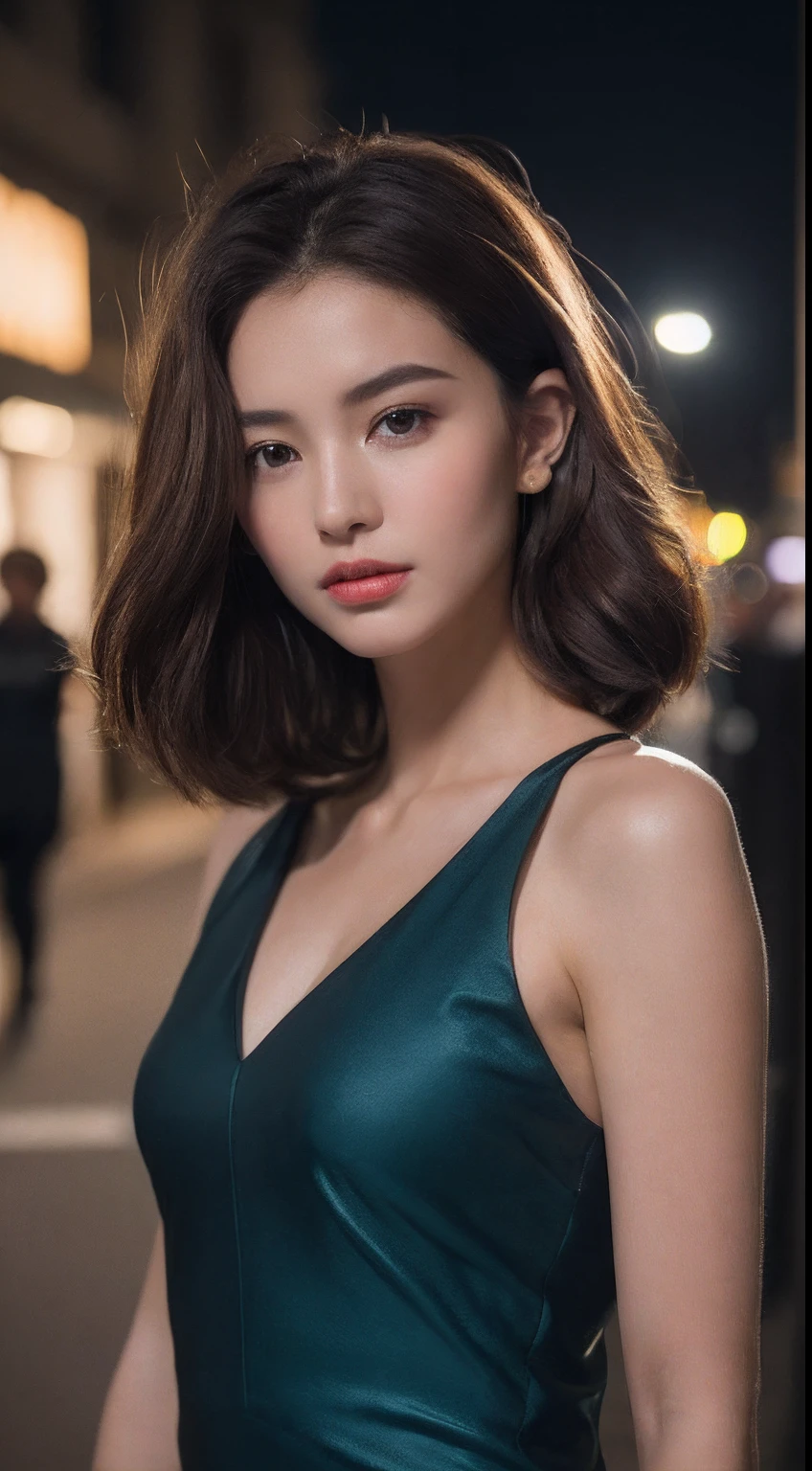 ((Realistic lighting, Best quality, 8K, Masterpiece: 1.3)), Focus: 1.2, 1girl, Perfect Body Beauty: 1.4, Slim Abs: 1.1, ((Dark Brown Hair)), (Aqua Dress: 1.4), (Outdoor, Night: 1.1), City Street, Super Fine Face, Fine Eyes, Double Eyelids,