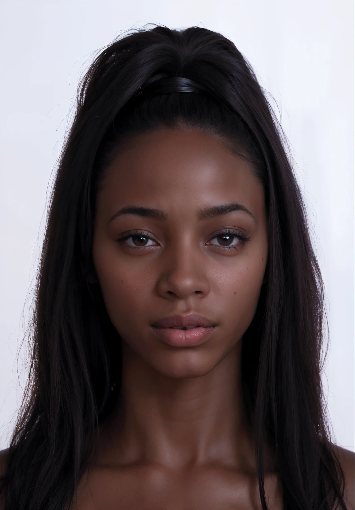 mulher arafed com longos cabelos pretos e uma camisa branca, African facial features, retrato de rosto completo, rosto completo close up retrato, full - rosto close - retrato para cima, jovem mulher negra, rosto feminino jovem, Brown skin. maquiagem leve, tom de pele preto escuro, rosto retocado, Rosto do modelo, foto de closeup do rosto, mulher jovem negra, detailed flawless face
