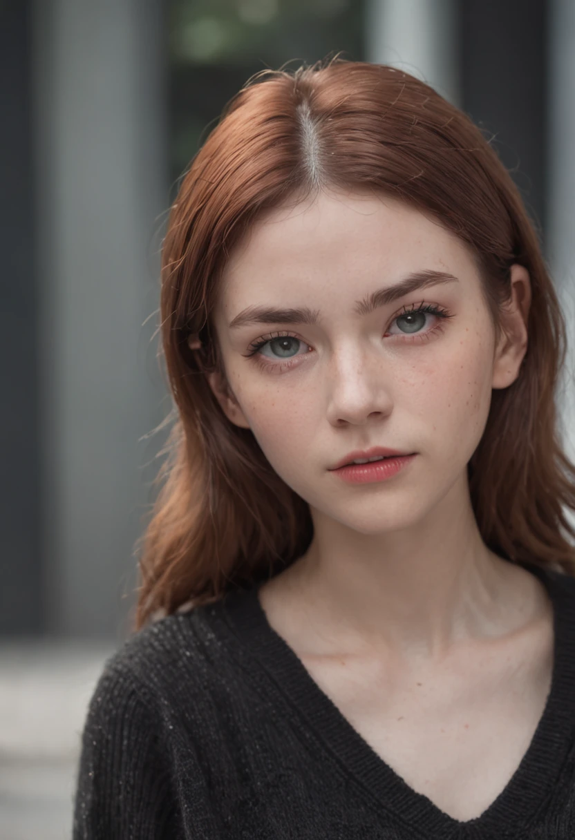 Top quality, (bright lighting), masterpiece, big angle shot, RAW photo, (pale 17-year-old Irishwoman, looking away), cute, sweating visibly, sweaty brow, blush, rosy cheeks, worried, distraught, long-sleeve black sweater and skirt, backpack, looks away,are standing,green-eyed,embarrassed,red in the face,stern look of concentration on her face,the street, (with natural red matted hair), full body, perfect face, captivating eyes, bright details, pouting lips, (high skin detail), freckles, small breasts, braless, (blue tint: 0.6), Key lighting, (backlight: 0.5), medium depth of field, Canon 5D, 50mm lens, f/4 aperture, (ultra-detailed, complex detail), sharp focus, soft colors, 8k, absurd, 8mm film grain