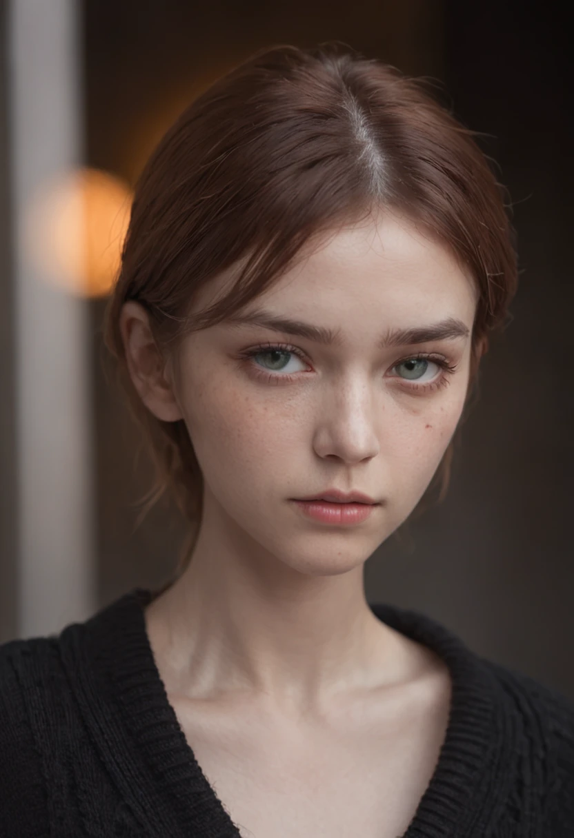 Top quality, (bright lighting), masterpiece, big angle shot, RAW photo, (pale -yeld Irwoman, looking away), cute, sweating visibly, sweaty brow, blush, rosy cheeks, worried, distraught, long-sleeve black sweater and skirt, backpack, looks away,are standing,green-eyed,embarrassed,red in the face,stern look of concentration on her face,the street, (with natural red matted hair), full body, perfect face, captivating eyes, bright details, pouting lips, (high skin detail), freckles, small breasts, braless, (blue tint: 0.6), Key lighting, (backlight: 0.5), medium depth of field, Canon 5D, 50mm lens, f/4 aperture, (ultra-detailed, complex detail), sharp focus, soft colors, 8k, absurd, 8mm film grain
