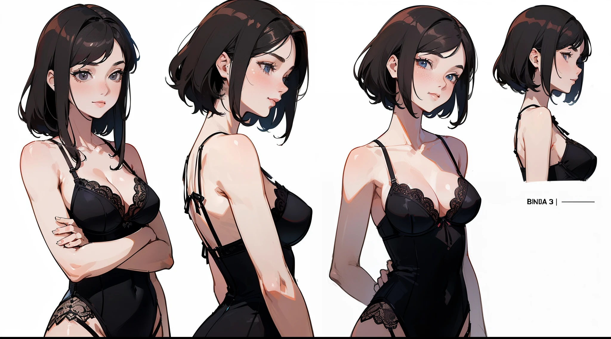 ((Best Quality)), ((Masterpiece)), ((Realistic)) 19 year old, redhead girl, shoulder length hair, relaxed happy face ((slender)) (busty), ((( black lingerie ))) ((sexy )) textured pixie haircut (((detailed character sheet, frontal view, side view, three quarter view))) (((white background))) 6 and a half heads full body