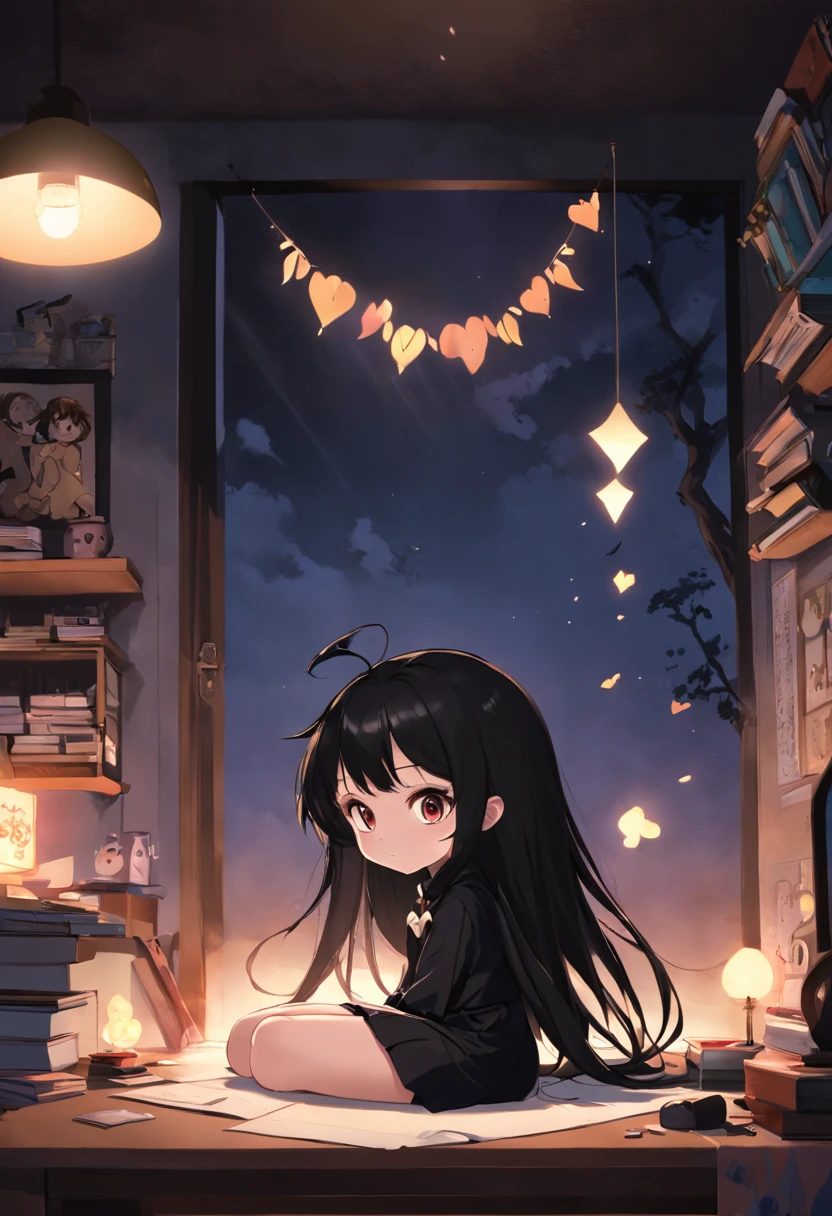 mascote menina de cabelos longo e preto, num quarto de menina, numa mesa, with lamp representing creativity, inspired by the Eve of Adam and Eve, com elementos de papelaria, cores pasteis, estilo cute fofinho romantica e amigavel, impressora e cadernos, em processo criativo