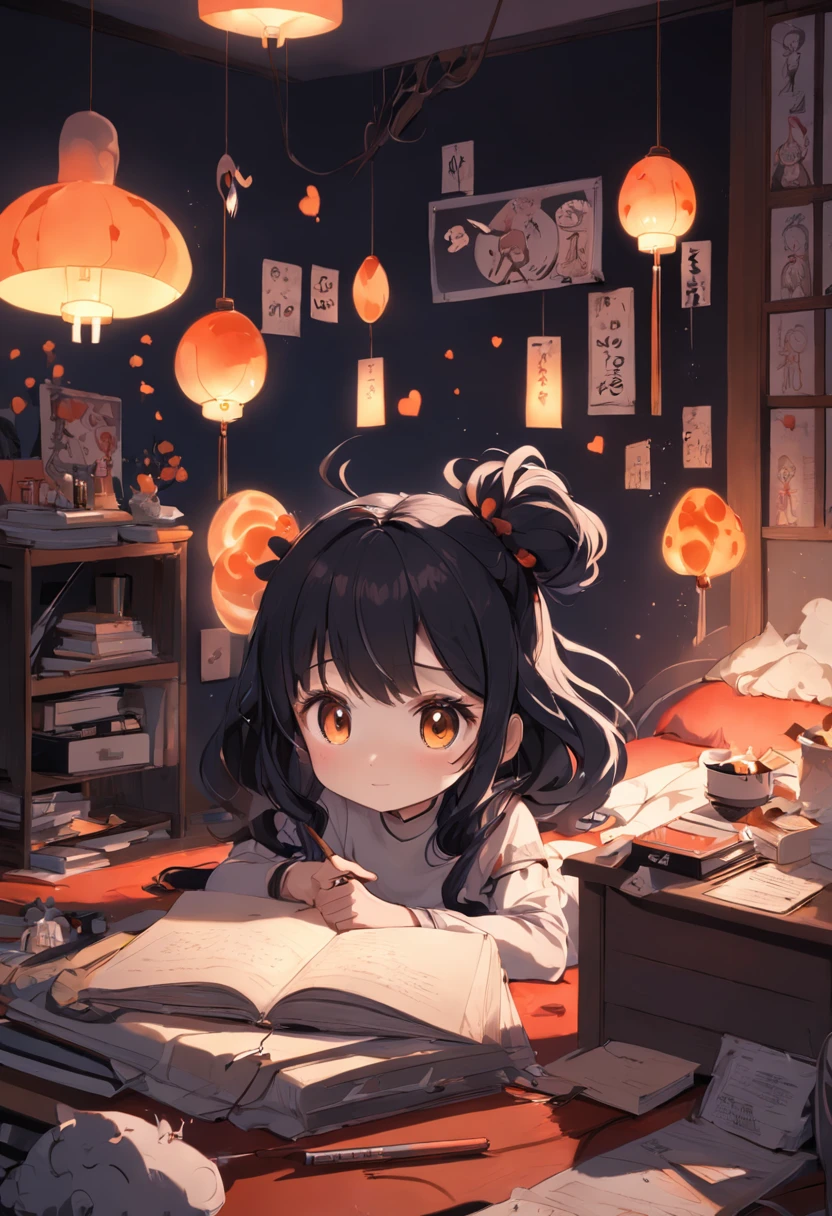 mascote menina de cabelos longo e preto, num quarto de menina, numa mesa, with lamp representing creativity, inspired by the Eve of Adam and Eve, com elementos de papelaria, cores pasteis, estilo cute fofinho romantica e amigavel, impressora e cadernos, em processo criativo