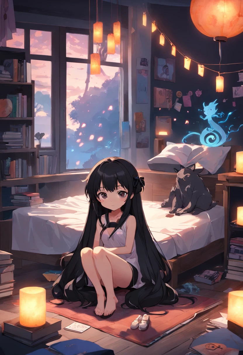 mascote menina de cabelos longo e preto, num quarto de menina, numa mesa, with lamp representing creativity, inspired by the Eve of Adam and Eve, com elementos de papelaria, cores pasteis, estilo cute fofinho romantica e amigavel, impressora e cadernos, em processo criativo