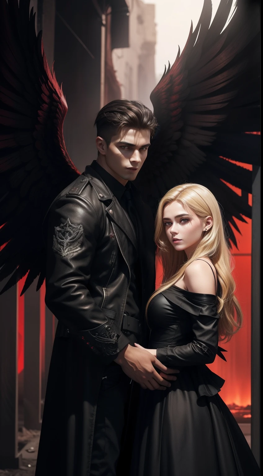 Ao fundo, There is an apocalyptic war in shades of black and red. In the center is a handsome young man who has angel wings. A beautiful young blonde woman in a dress stands next to him. Sexy