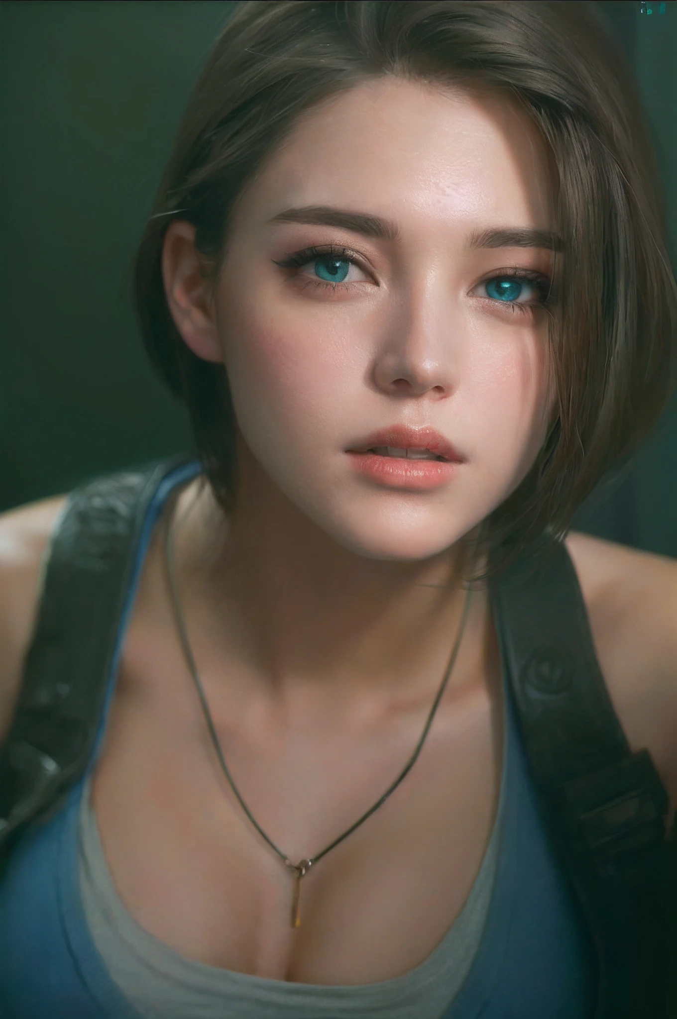 JILL VALENTINE, close up, cabelo castanho, usando um tomara que caia azul, usando luvas pretas, tired expression, corpo perfeito, textura ultra realista