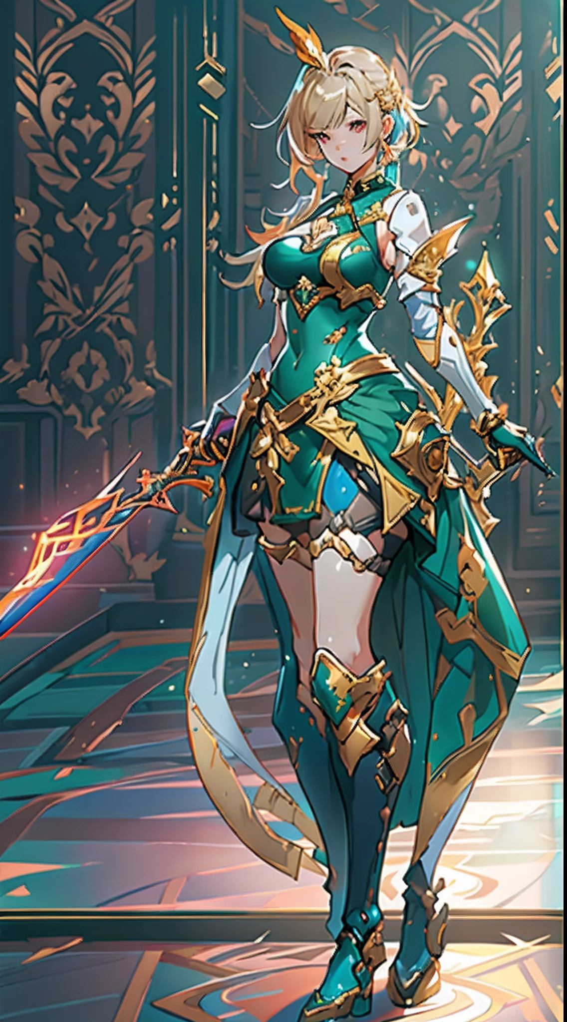 Design a layout showcase Gaming character, (1girl). Golden+Purle clothes, stylish and unique, ((showcase weapon:1.4)), magic staff, (masterpiece:1.2), (best quality), 4k, ultra-detailed, (Step by step design, layout art:1.5), (luminous lighting, atmospheric lighting), Final Fantasy style, magican, ((glove full hands)), fran, viera, (((revealing clothes:1.3))), vambraces, armored legwear, (((full_body_shot:1.4))), Niji
