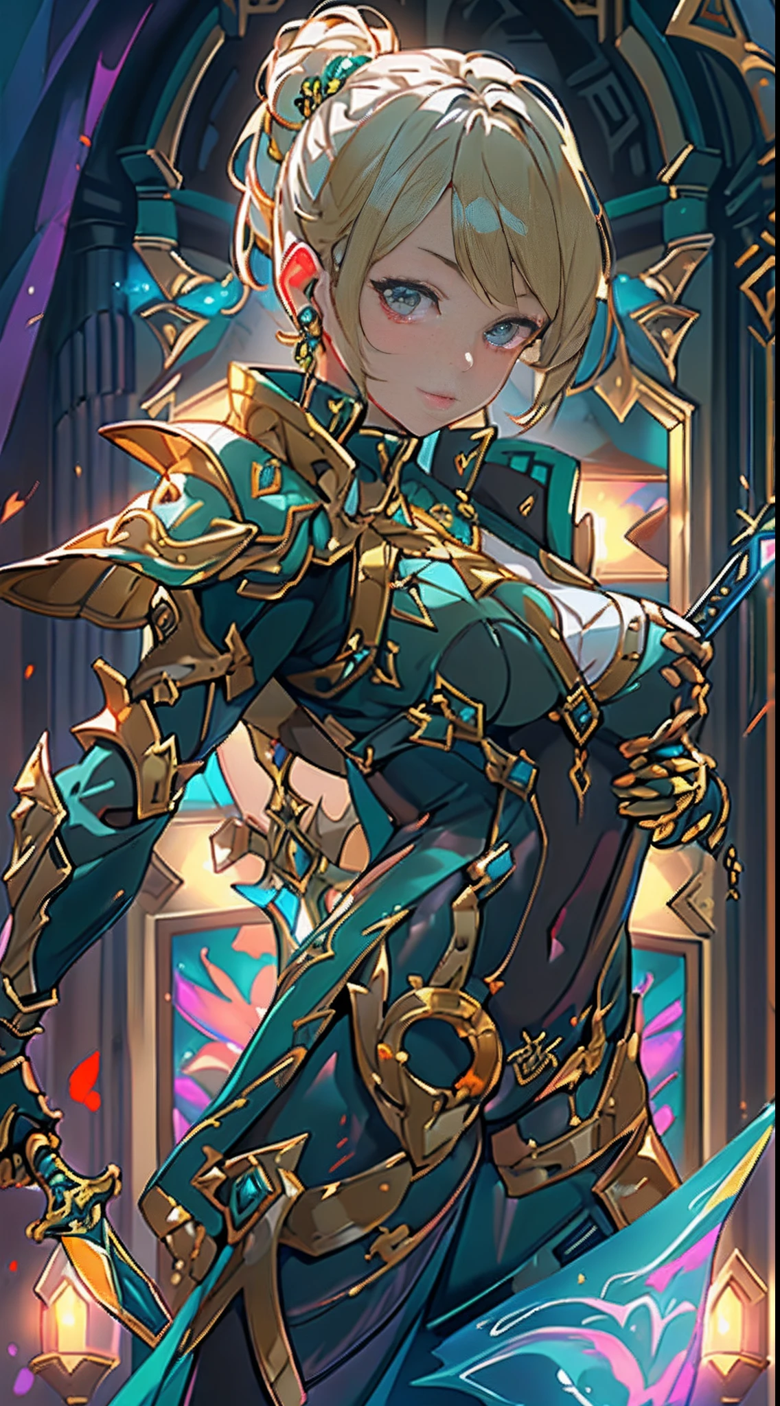Design a layout showcase Gaming character, (1girl). Golden+Purle clothes, stylish and unique, ((showcase weapon:1.4)), magic staff, (masterpiece:1.2), (best quality), 4k, ultra-detailed, (Step by step design, layout art:1.5), (luminous lighting, atmospheric lighting), Final Fantasy style, magican, ((glove full hands)), fran, viera, (((revealing clothes:1.3))), vambraces, armored legwear, (((full_body_shot:1.4))), Niji