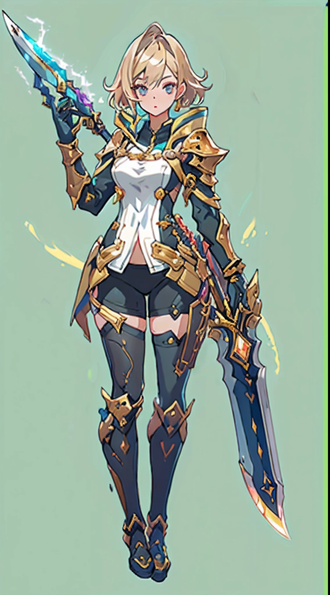 Design a layout showcase Gaming character, (1girl). Golden+Purle clothes, stylish and unique, ((showcase weapon:1.4)), magic staff, (masterpiece:1.2), (best quality), 4k, ultra-detailed, (Step by step design, layout art:1.5), (luminous lighting, atmospheric lighting), Final Fantasy style, magican, ((glove full hands)), fran, viera, (((revealing clothes:1.3))), vambraces, armored legwear, (((full_body_shot:1.4))), Niji