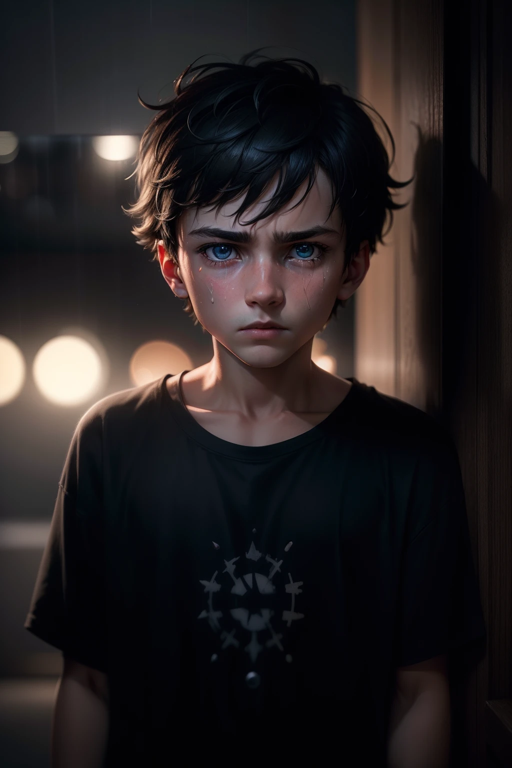 (sharp focus:1.2), an award-winning shot of a depressed casual boy ***, thunderstorm outside, dull backlighting, extremely detailed skin, extreme sadness, hopelessness, bleary eyes, (deep shadows:1.1), high contrast, beautiful cried eyes, absurd, 8k, (high quality: 1.3), artstation hd, concept art, detailed sad face and body, award winning photography, (moody lighting:1.2), depth of field , bokeh, 4K, HDR