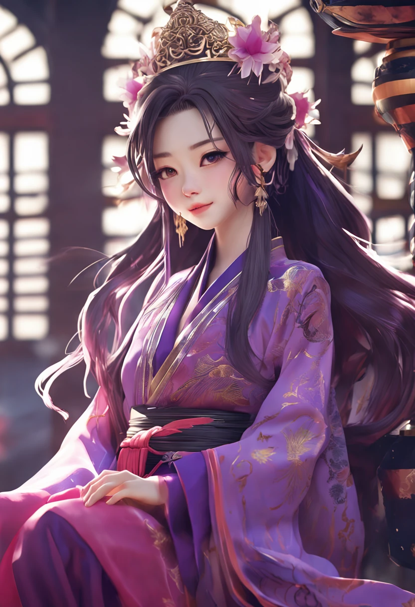 ((Anime girl in purple dress)),Long hair and crowns,a beautiful fantasy empress,Onmyoji detailed art,2.5D CGI anime fantasy artwork,Beautiful character painting,onmyoji,anime goddess,((a beautiful fantasy empress)),palace,A girl in Hanfu,G Liulian art style,beautiful and seductive anime woman,Beautiful digital artwork。