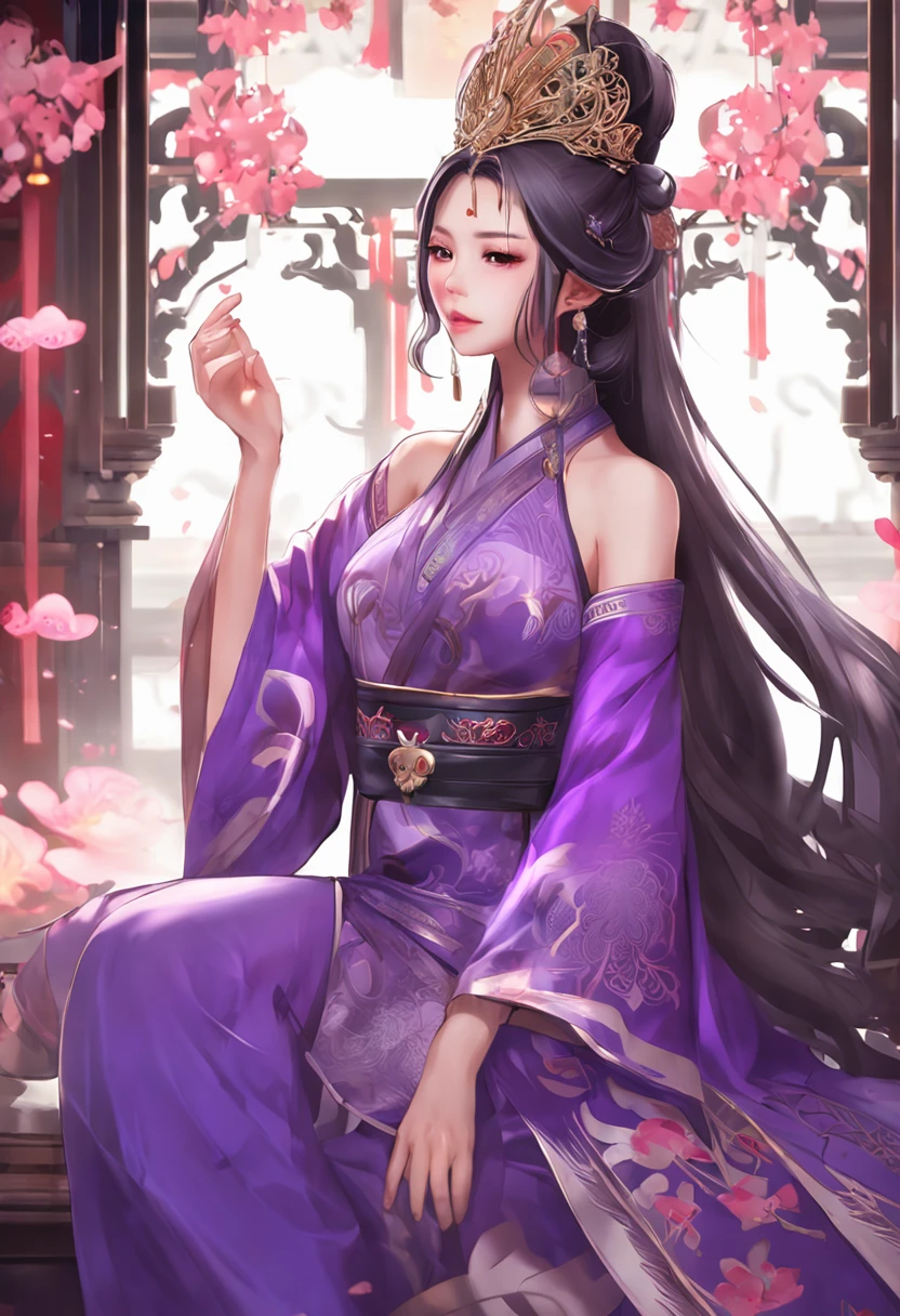 ((Anime girl in purple dress))，Long hair and crowns，a beautiful fantasy empress，Onmyoji detailed art，2.5D CGI anime fantasy artwork，Beautiful character painting，onmyoji，anime goddess，((a beautiful fantasy empress))，palace，A girl in Hanfu，G Liulian art style，beautiful and seductive anime woman，Beautiful digital artwork。