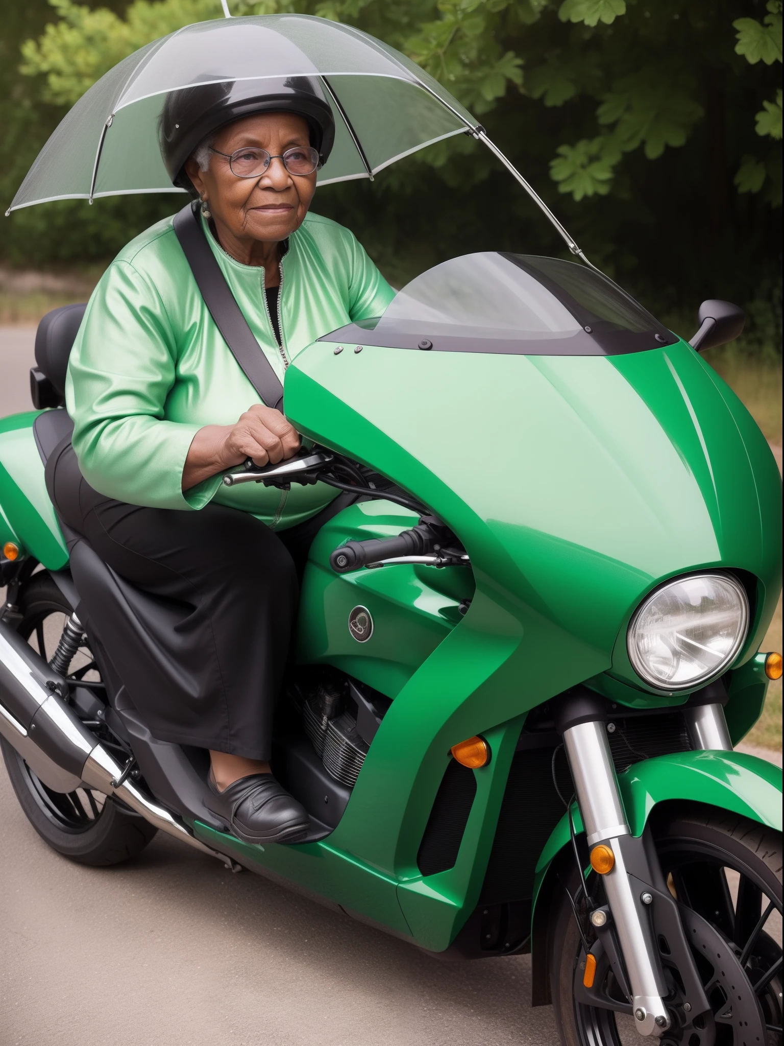 A grandmother on a motorcycle，green color，Lunette de soleil，black cats