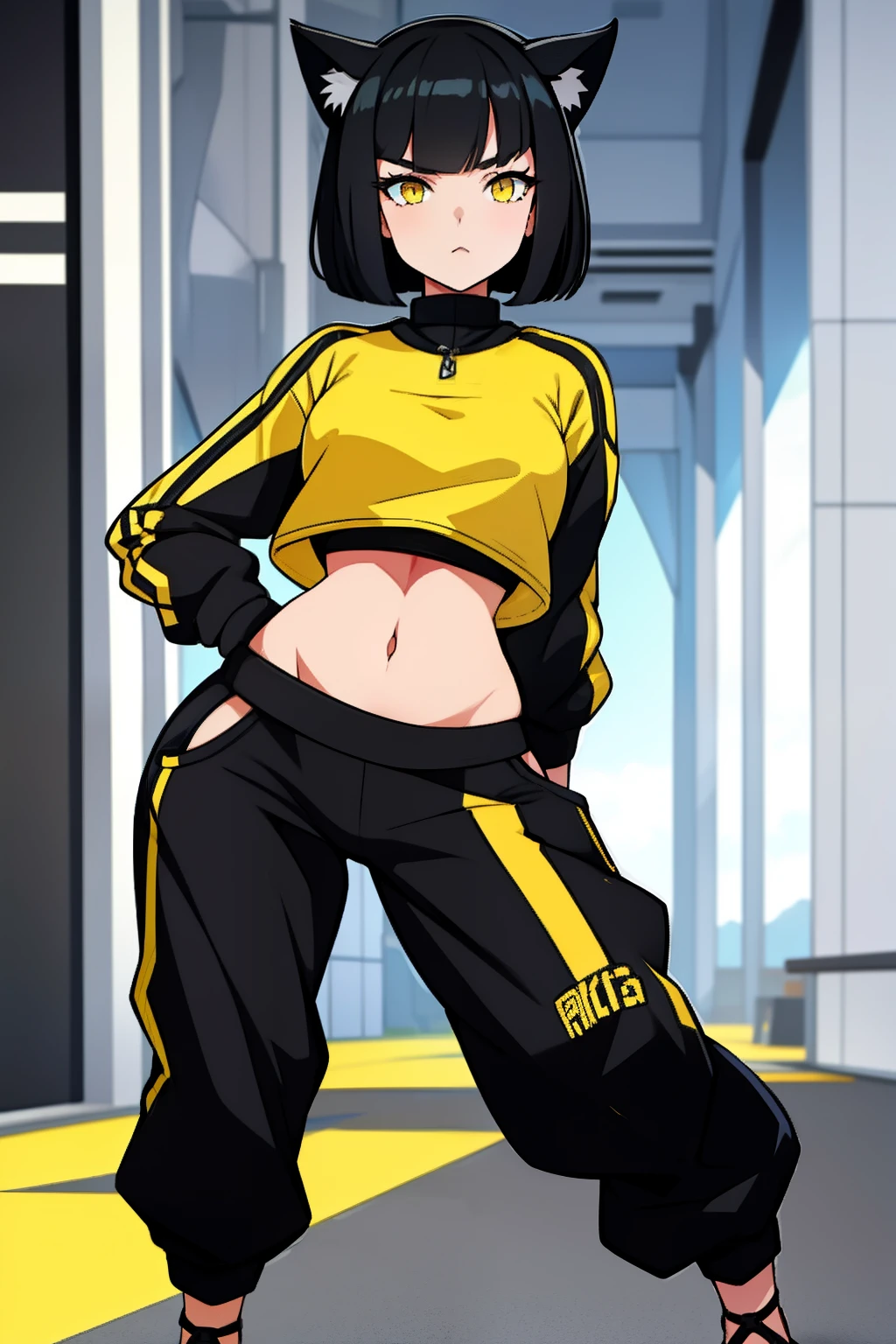 1girl, bob haircut, cat ears, black hair, black white and yellow tracksuit, yellow eyes, looking at viewer, wide hips, long pants, full body