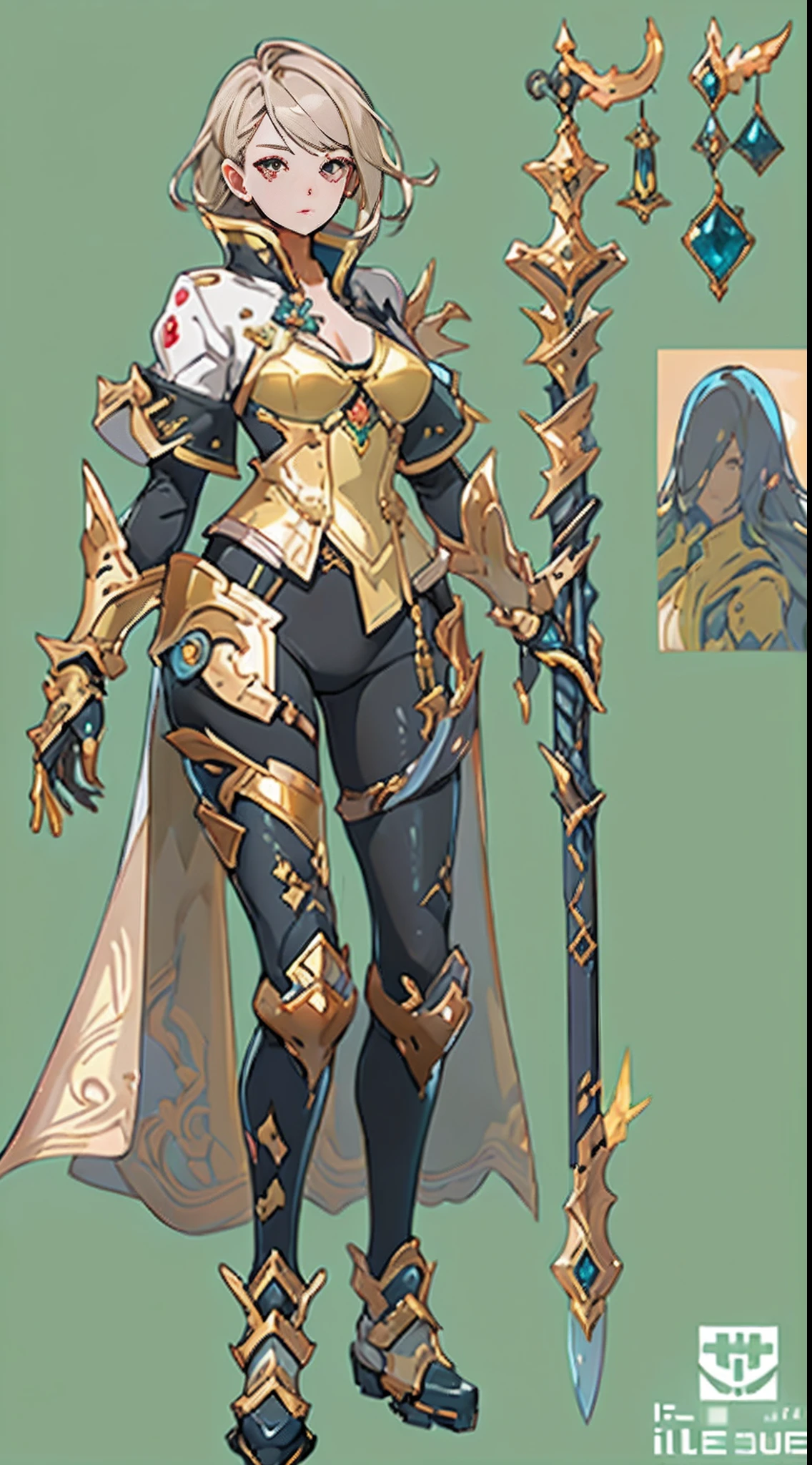 Design a layout showcase Gaming character, (1girl). Golden+Purle clothes, stylish and unique, ((showcase weapon:1.4)), magic staff, (masterpiece:1.2), (best quality), 4k, ultra-detailed, (Step by step design, layout art:1.5), (luminous lighting, atmospheric lighting), Final Fantasy style, magican, ((glove full hands)), fran, viera, (((revealing clothes:1.3))), vambraces, armored legwear, (((full_body_shot:1.4))), Niji