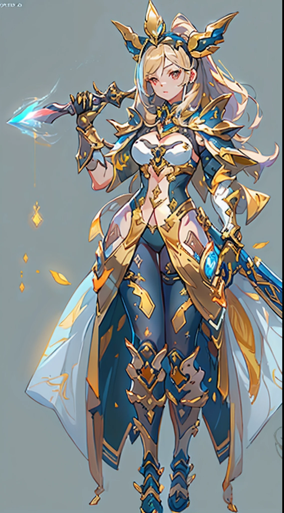 Design a layout showcase Gaming character, (1girl). Golden+Purle clothes, stylish and unique, ((showcase weapon:1.4)), magic staff, (masterpiece:1.2), (best quality), 4k, ultra-detailed, (Step by step design, layout art:1.5), (luminous lighting, atmospheric lighting), Final Fantasy style, magican, ((glove full hands)), fran, viera, (((revealing clothes:1.3))), vambraces, armored legwear, (((full_body_shot:1.4))), Niji