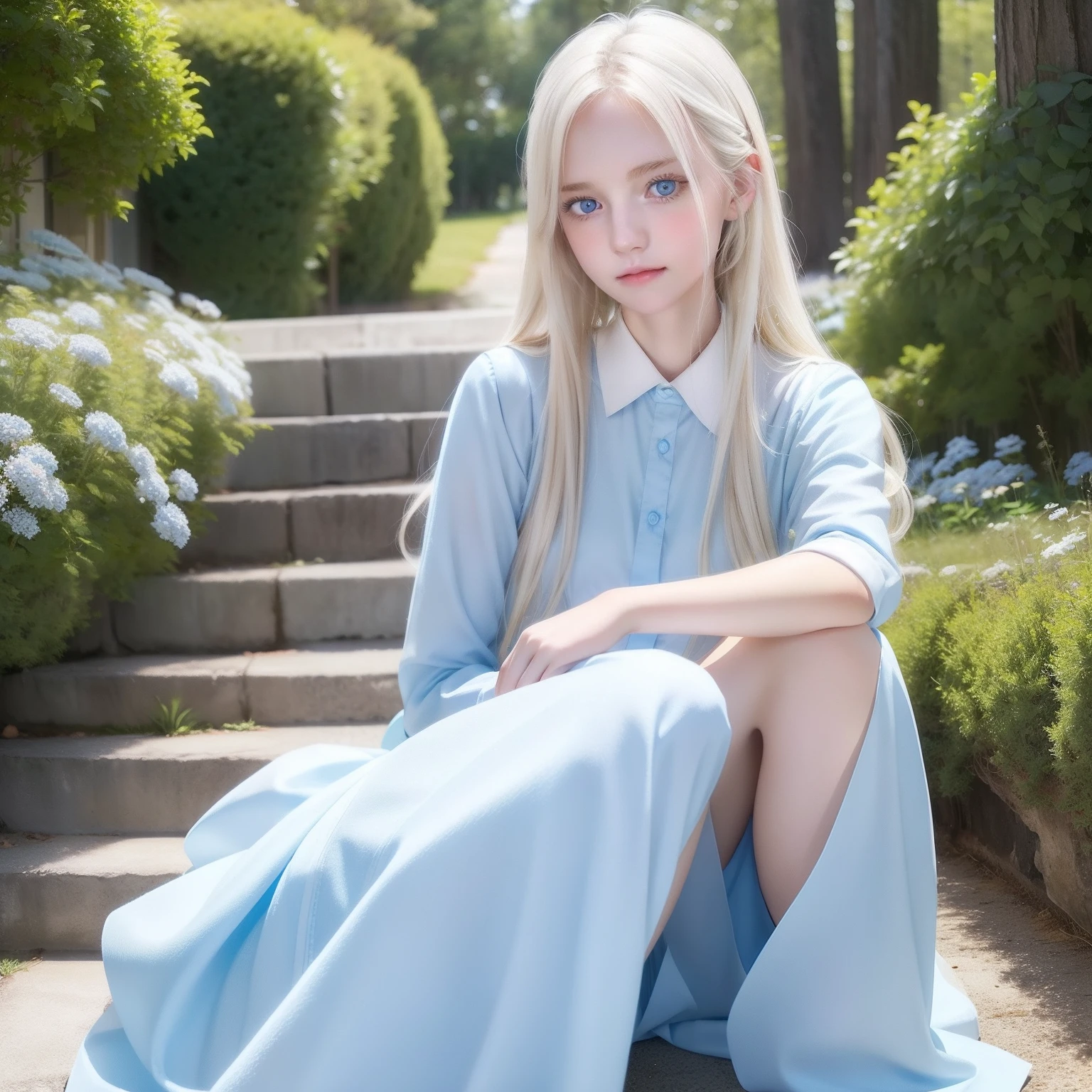 Nordic beauty、Beautiful blonde hair、clear pale blue eyes、Light blue eyes、FULL BODYSHOT、Beautuful Women、16 years old women、Neat and clean uniform、Dainty and classy cute girl、((Random colors:1・3)Girl in cute clothes)、Full Body Angle、expressioness、smil、White skin、Random hairstyles、
