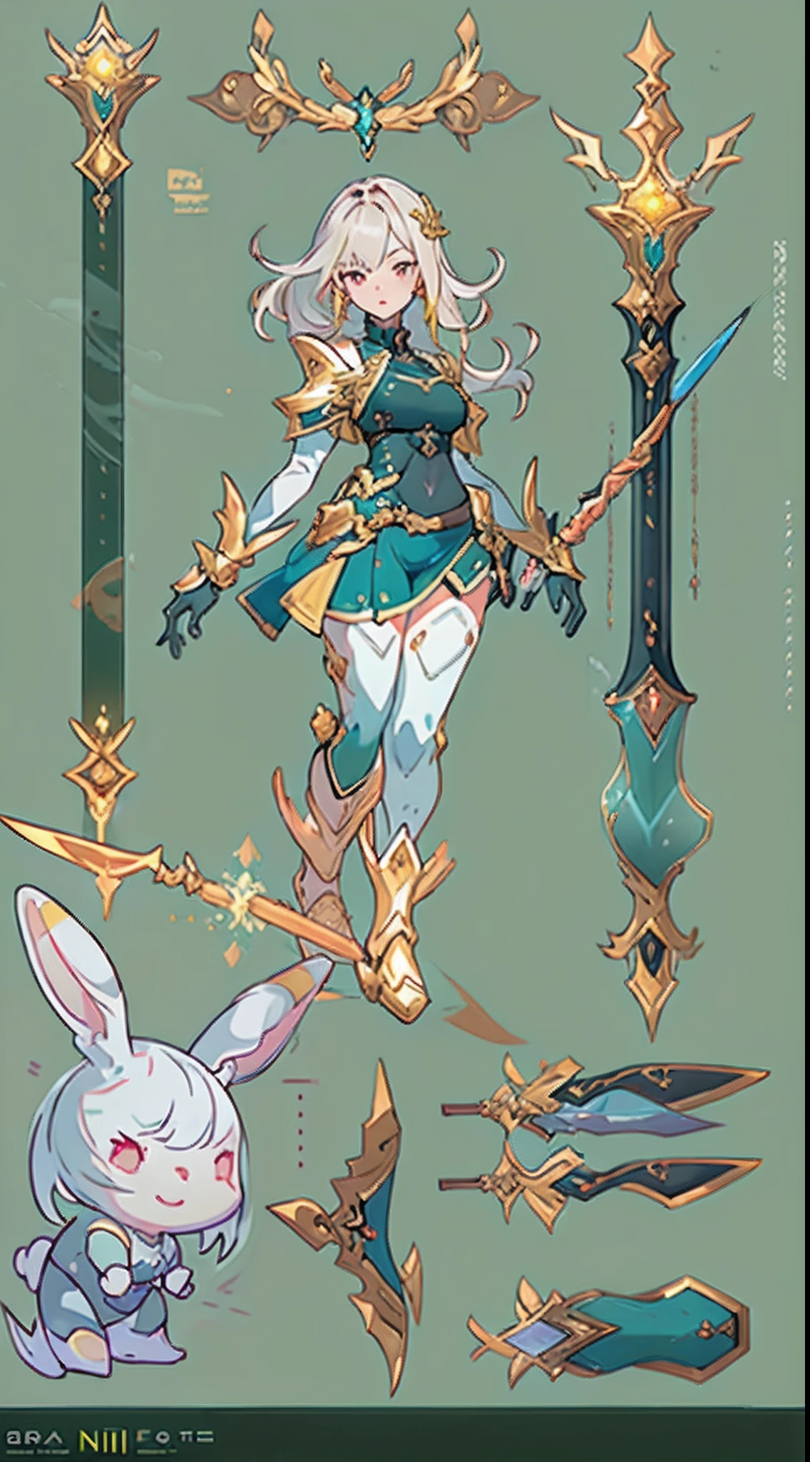 Design a layout showcase Gaming character, (1girl). Golden+Purle clothes, stylish and unique, ((showcase weapon:1.4)), magic staff, (masterpiece:1.2), (best quality), 4k, ultra-detailed, (Step by step design, layout art:1.5), (luminous lighting, atmospheric lighting), Final Fantasy style, magican, ((glove full hands)), fran, viera, (((revealing clothes:1.3))), vambraces, armored legwear, (((full_body_shot:1.4))), Niji