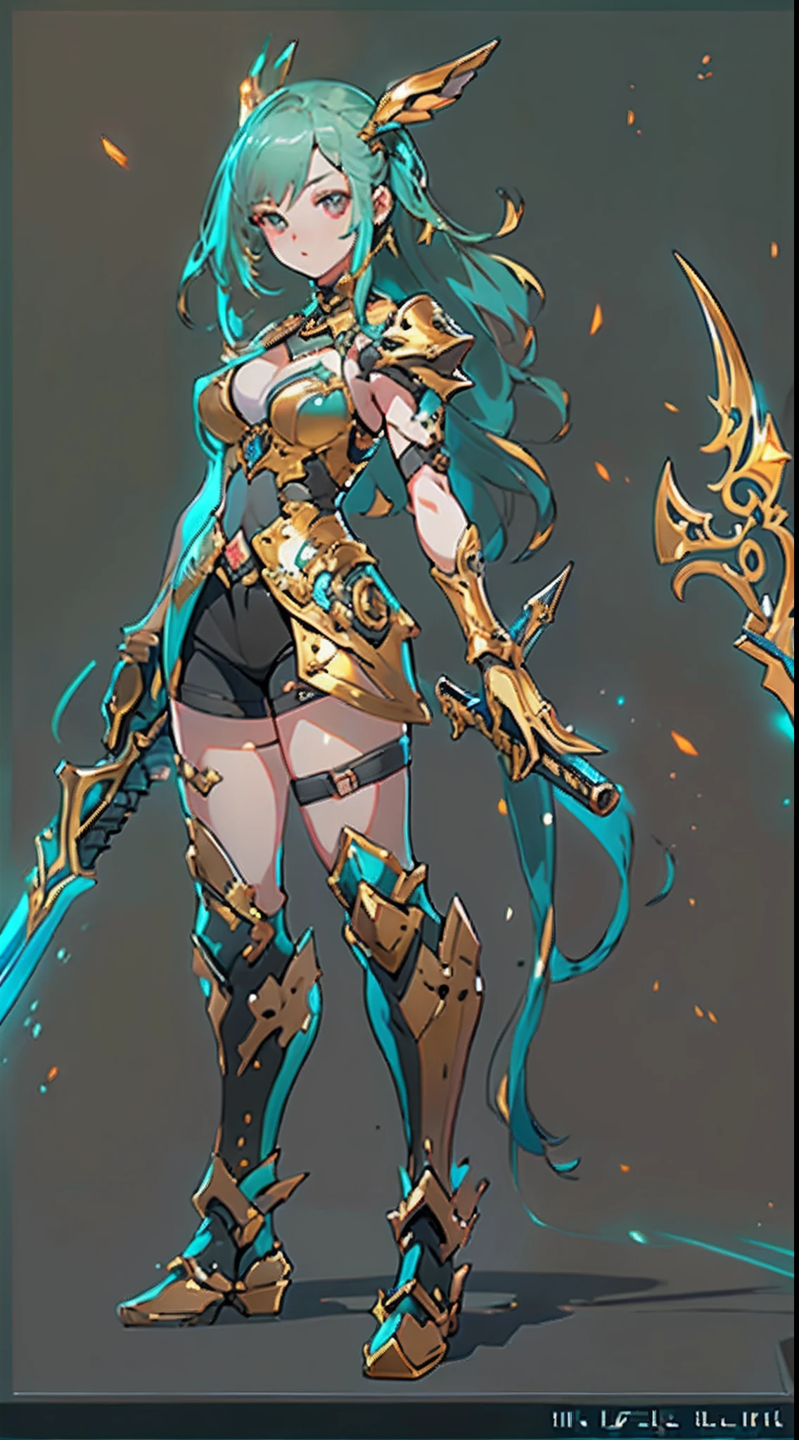 Design a layout showcase Gaming character, (1girl). Golden+Purle clothes, stylish and unique, ((showcase weapon:1.4)), magic staff, (masterpiece:1.2), (best quality), 4k, ultra-detailed, (Step by step design, layout art:1.5), (luminous lighting, atmospheric lighting), Final Fantasy style, magican, ((glove full hands)), fran, viera, (((revealing clothes:1.3))), vambraces, armored legwear, (((full_body_shot:1.4))), Niji