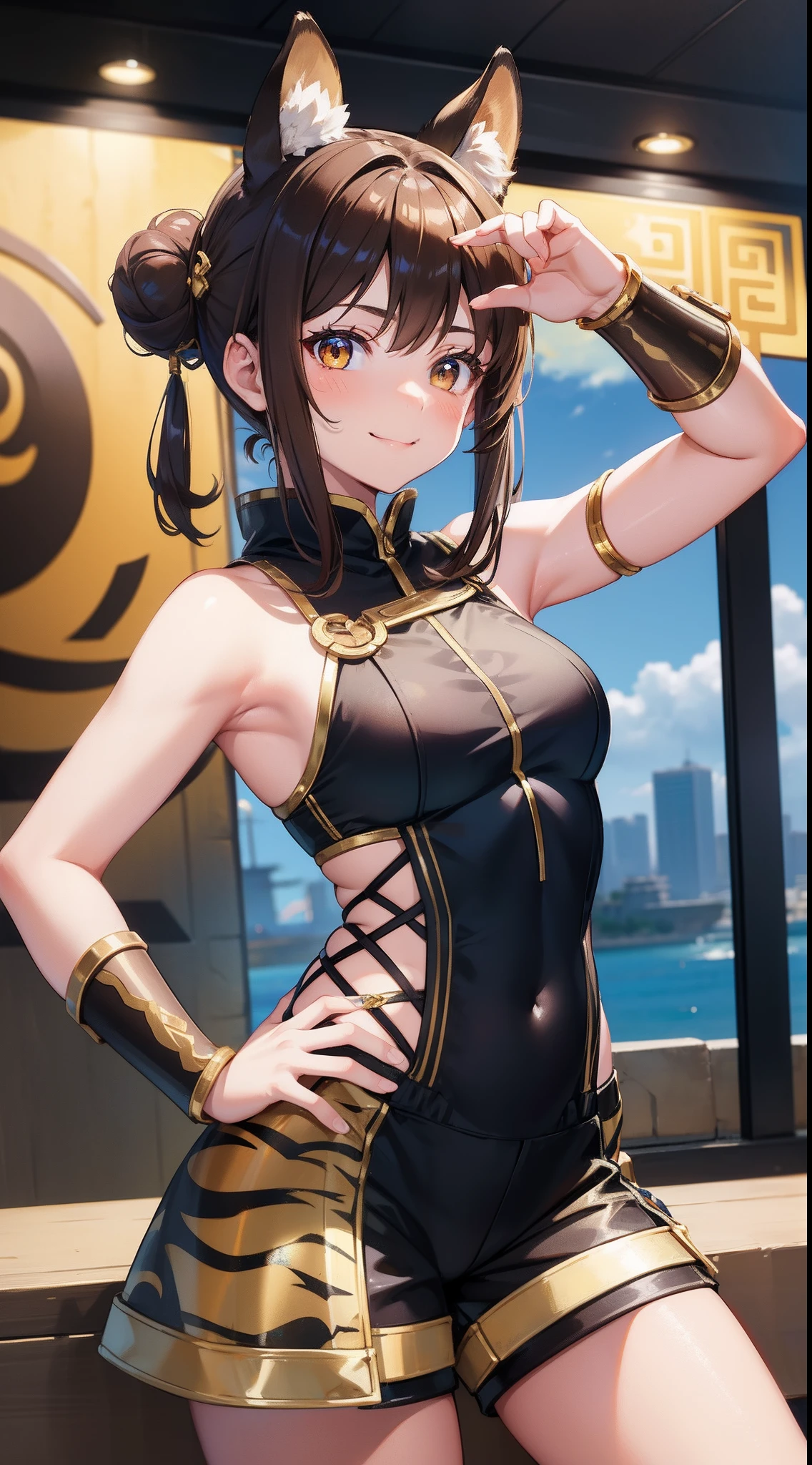 young girl, brown hair, Two buns, golden eyes, Tiger ears, Chinese yellow and blue dress, Shorts, Ironbound Bracers, Winks, Smile, Masterpiece, hiquality